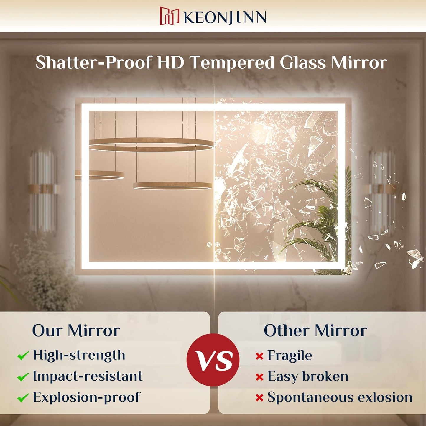 Keonjinn 96 ” x 36 ” Lighted Mirror for Bathroom Wall, LED Mirror with Frontlit & Backlit, Large Bathroom Mirror with Lights, Dimmable 3-Color Lights, HD Tempered Glass, UL-Listed LED Driver