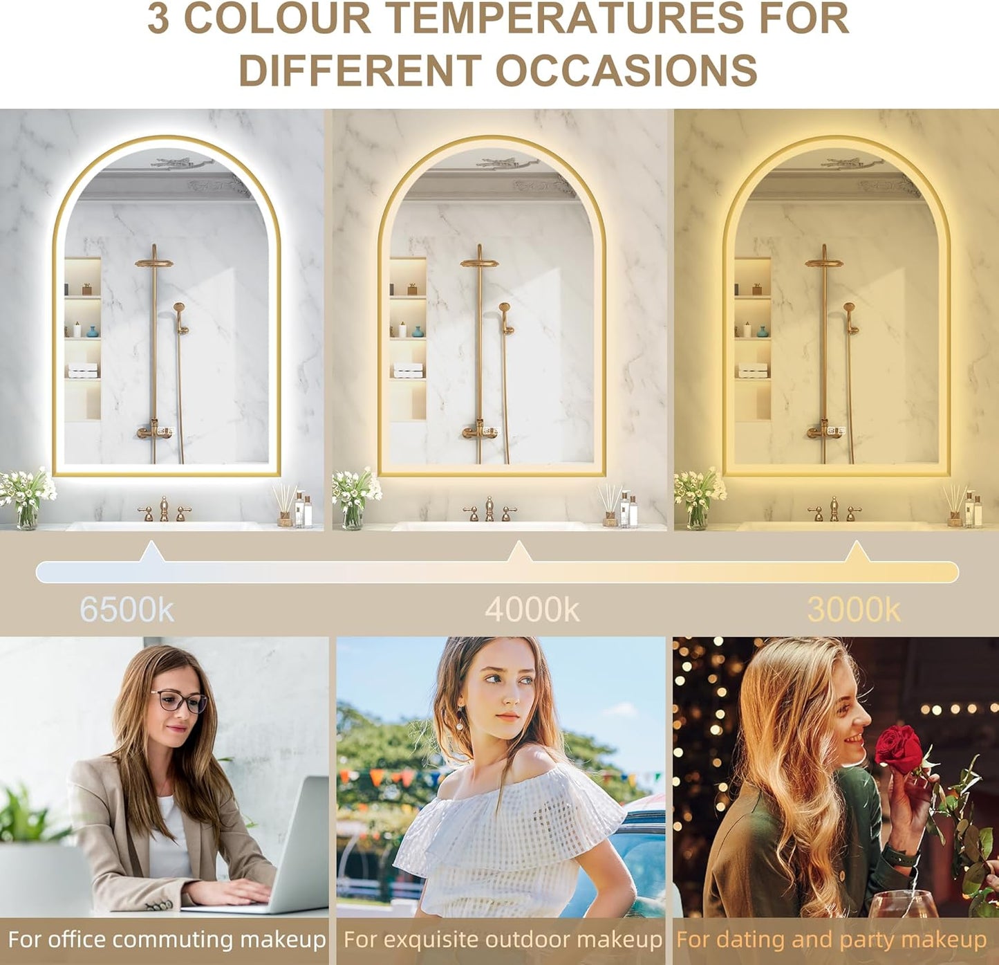 S'bagno 24x36 Arched Gold LED Mirror for Bathroom with Frontlit & Backlit, LED Bathroom Mirror with Metal Frame, Anti-Fog, Stepless Dimmable, 3 Color Temperature Vanity Mirror