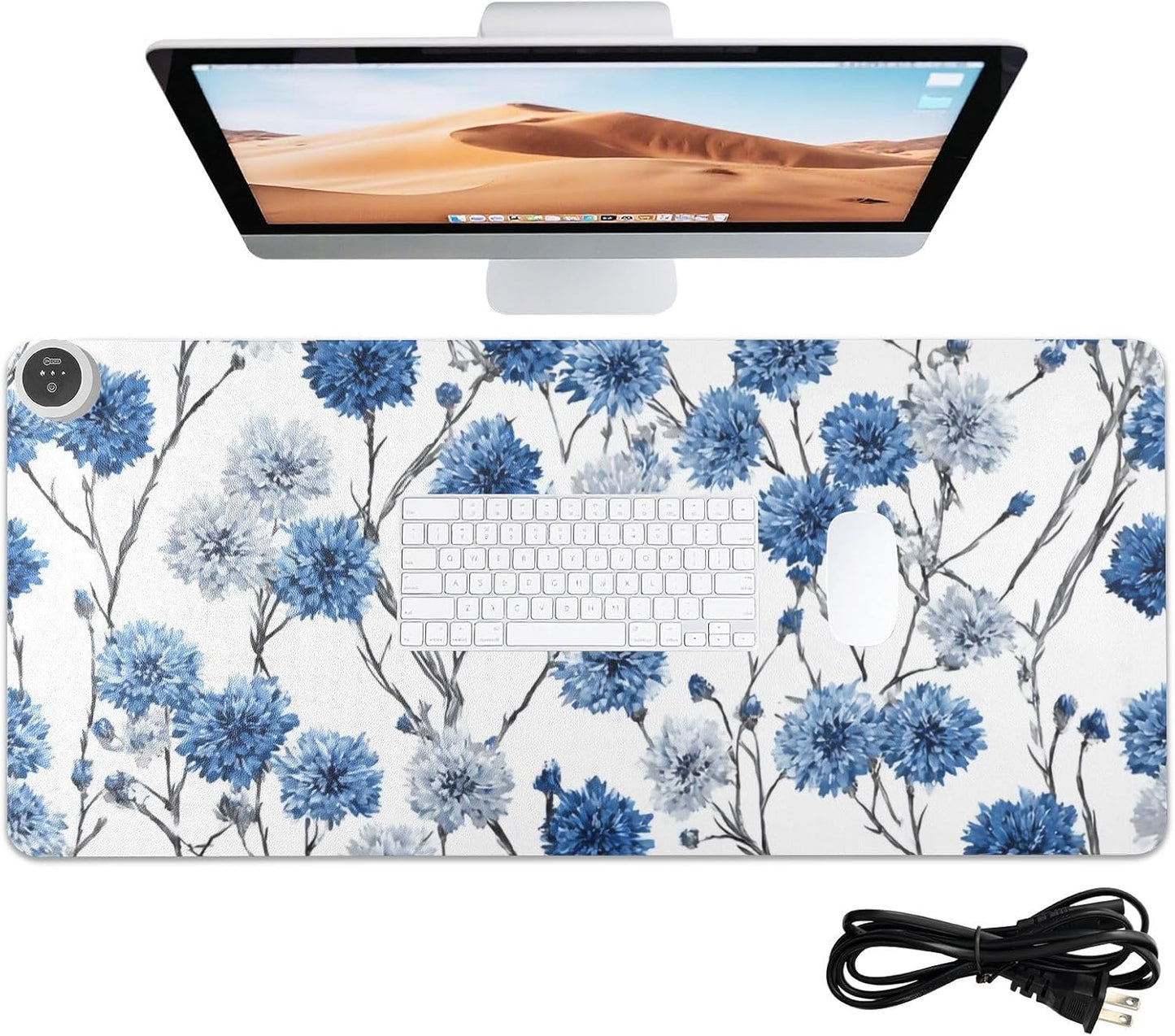 Heated Desk Pad Mouse Pad 31.5x13 Inch PU Leather Desk Mat with 3 Heat Levels Large Mouse Gaming Computer Laptop Mat Washable Chinese Style Cornflower