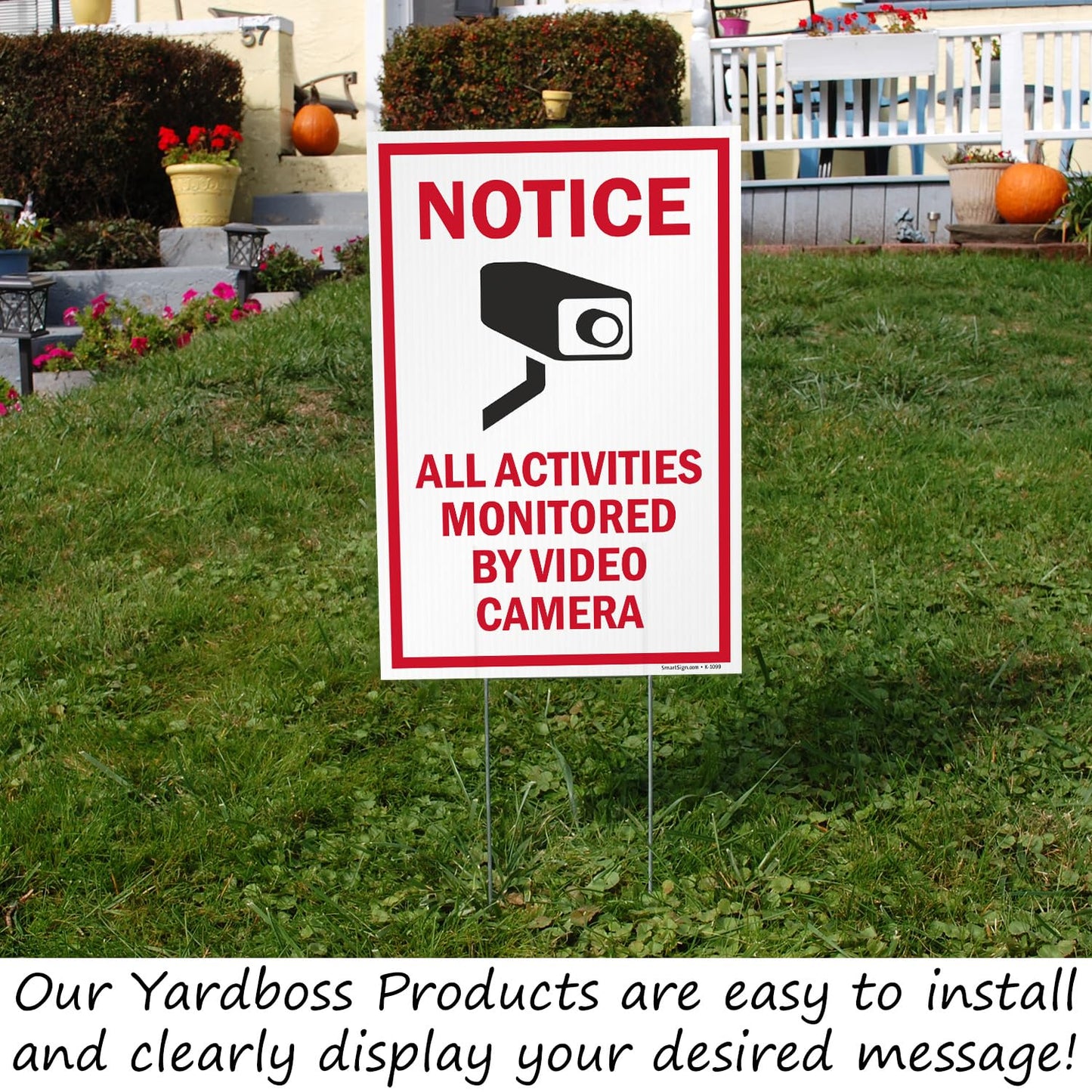 SmartSign 12" x 18" (2-Pack) All Activities Monitored By Video Camera Yard Sign with 15" Metal H-Stake, Double Sided Sign with Camera Symbol, 160 mil Thick Corrugated Plastic Lawn Signs, USA-Made