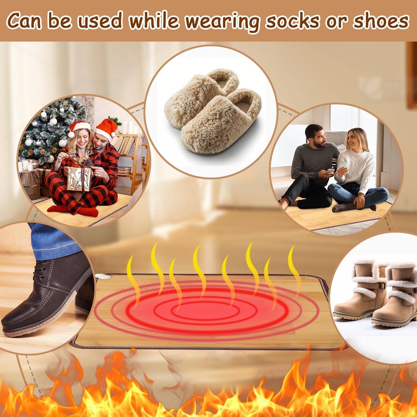 PVC 110V Heated Floor Mat Heater for Foot Warmer Under Desk 31.5 x 20 Inch Carbon Crystal Wood Stripe Electric Heating Carpet Pad Energy Saving Indoor Heated Rug for Home Office House Brown