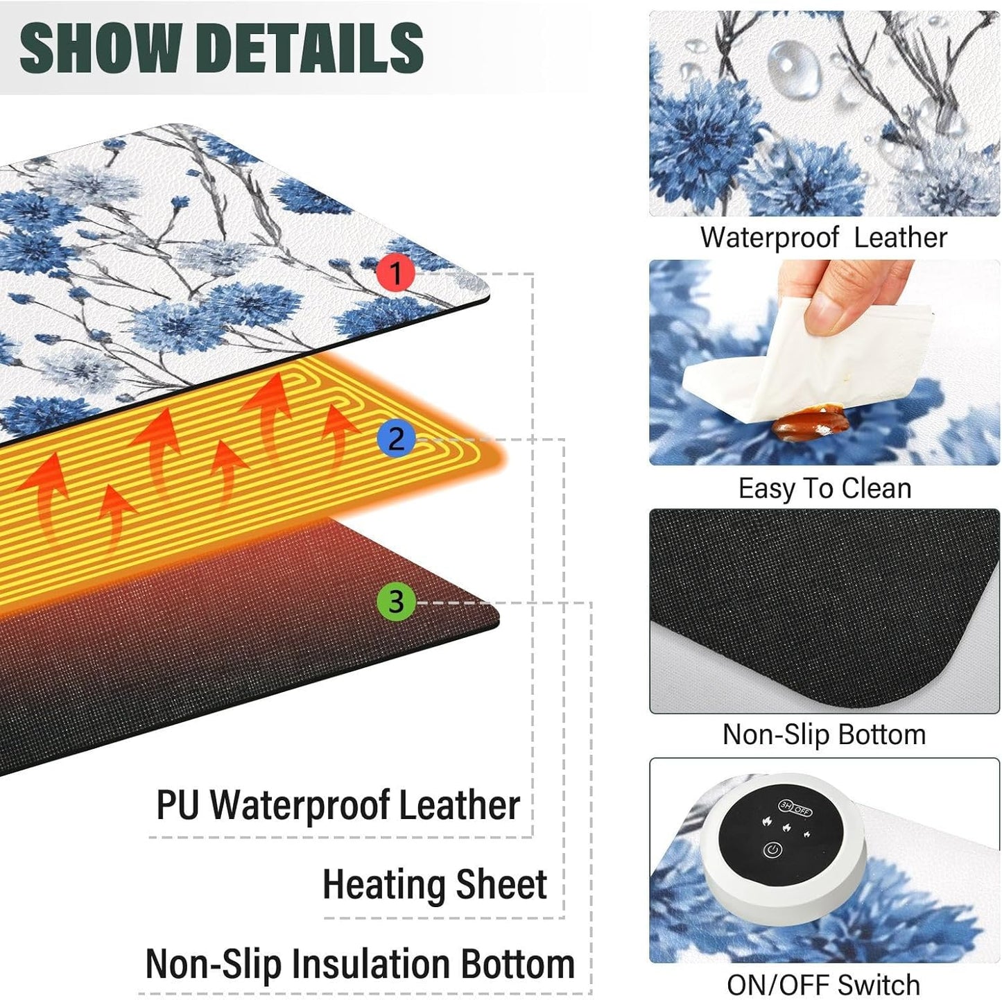 Heated Desk Pad Mouse Pad 31.5x13 Inch PU Leather Desk Mat with 3 Heat Levels Large Mouse Gaming Computer Laptop Mat Washable Chinese Style Cornflower