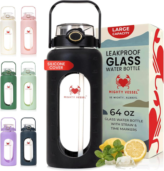 64 oz Glass Water Bottle – Black | Large Leakproof Shatter-Resistant Borosilicate Bottle with Straw, Silicone Sleeve, Time Marker – Half Gallon for Travel, Gym, Daily Intake
