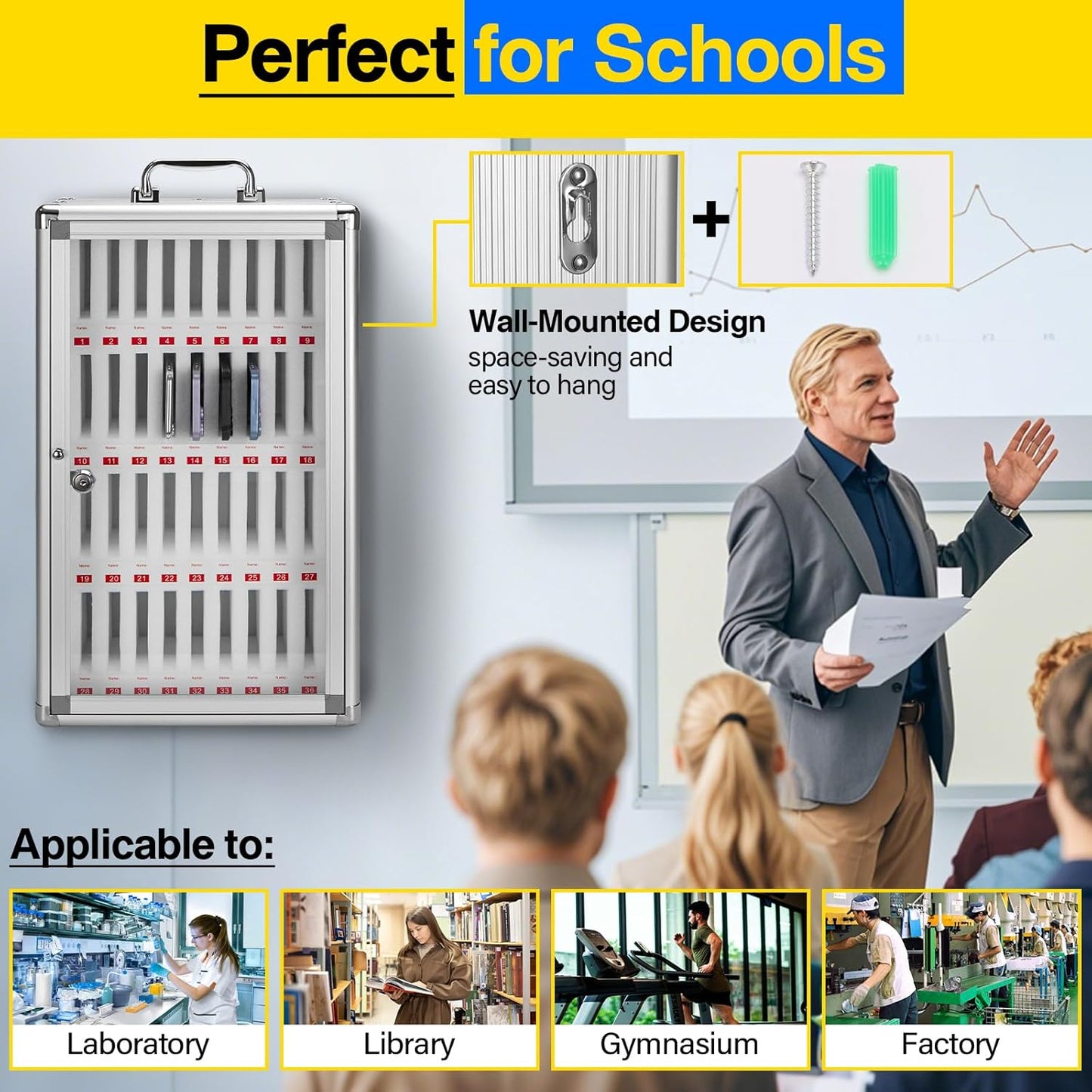 36-Slot Cell Phone Locker with Lock & Key, Heavy Duty Aluminum & Acrylic Cell Phone Storage for Classroom, Office, Retail – Wall Mount Secure Cell Phone Holder, Lock Box, Phone Jail (Silver)