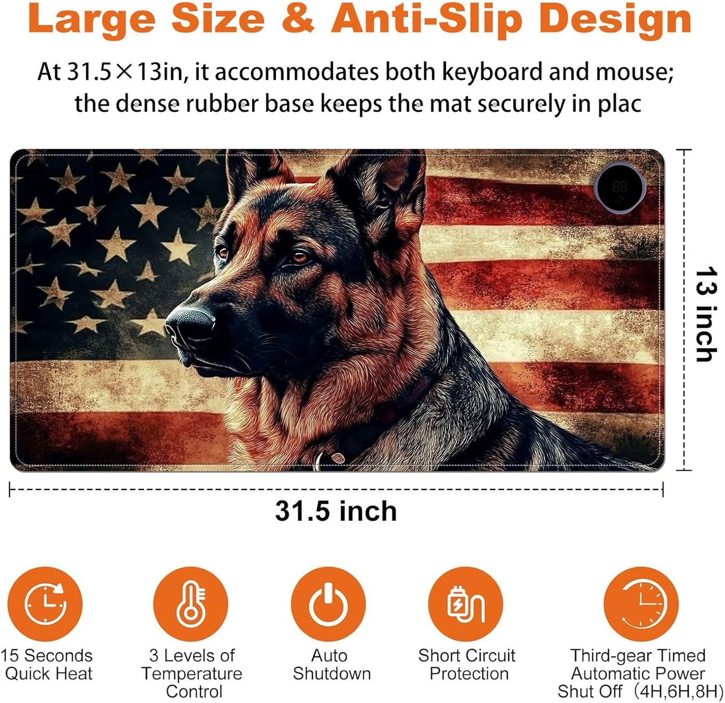Heated Mouse Pad for Desk 31.5" x 13" – PU Leather Warm Desk Pad with 3 Heat Levels (104°F/113°F/122°F), Plug-in Electric Heating Mat with Auto Shut-Off, Waterproof & Rollable, German Shepherd