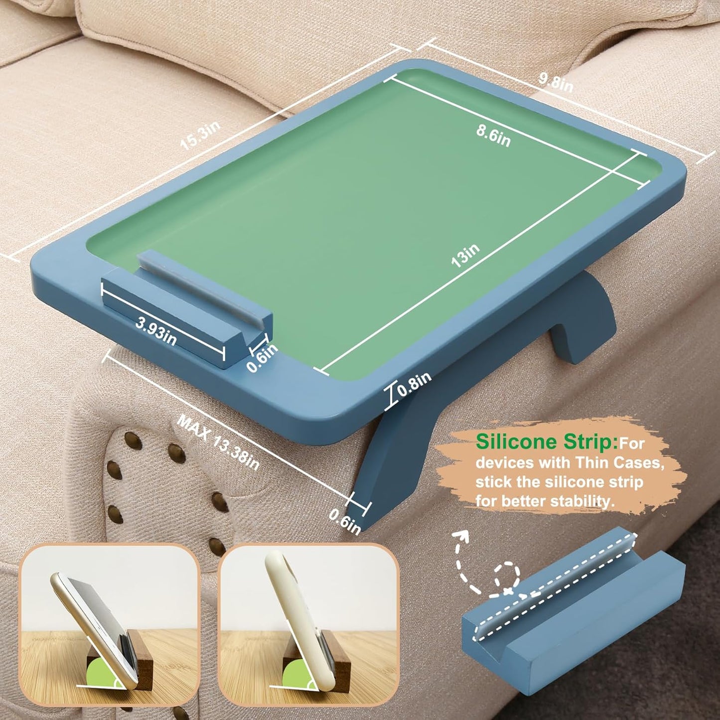 SINWANT Couch Arm Table, Bamboo Sofa Clip on Tray Tables,Sofa Armrest Tray with 360° Phone Holder,Couch Armrest Table for Eating and Drinking