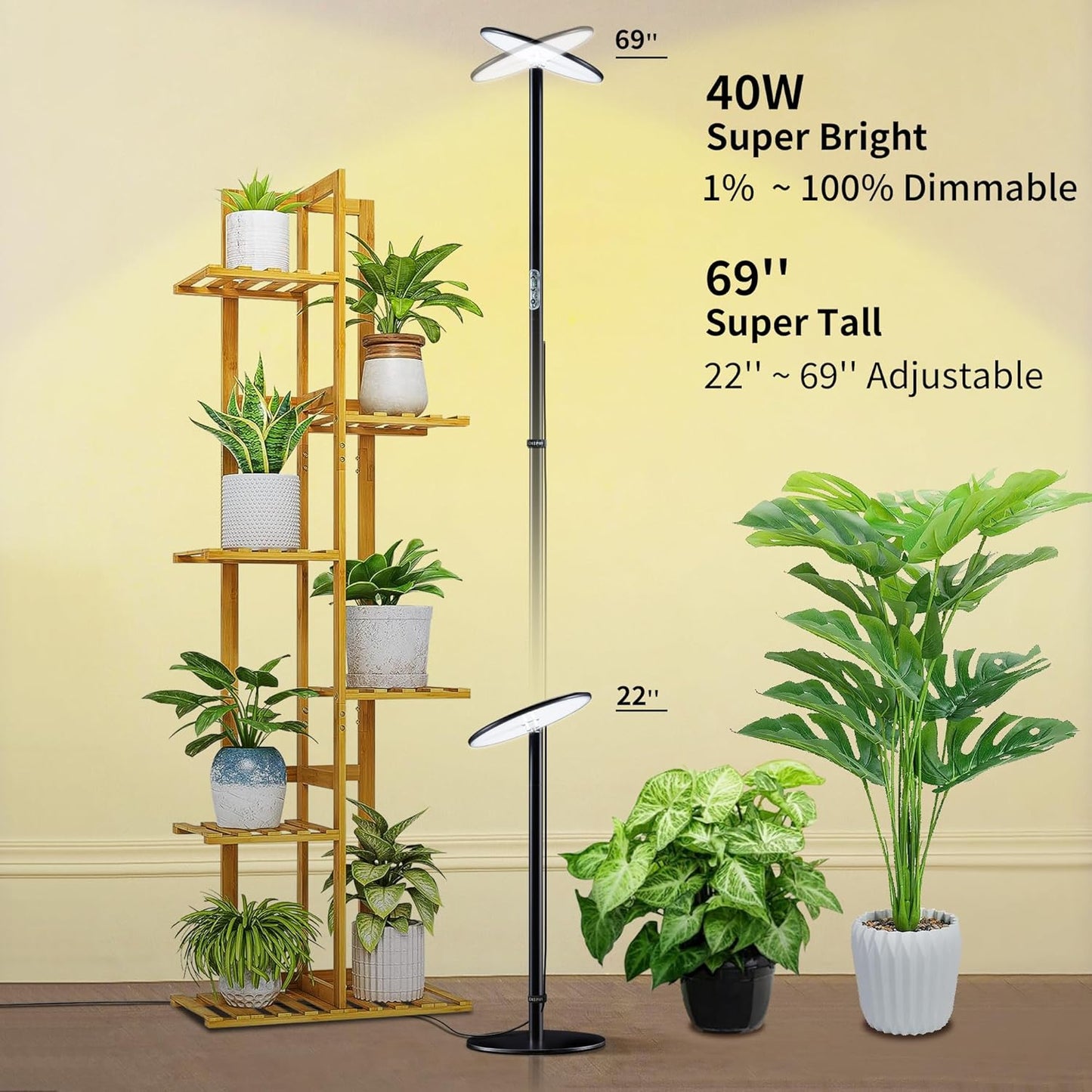 chiphy Grow Lights, Full Spectrum LED Plant Light for Indoor Plants, 4/8/12H Timer, 40W Grow Lamp, 10 Level Dimmable Brightness, 69" Heights Adjustable, Remote Control, Ideal for Large Tall Plants