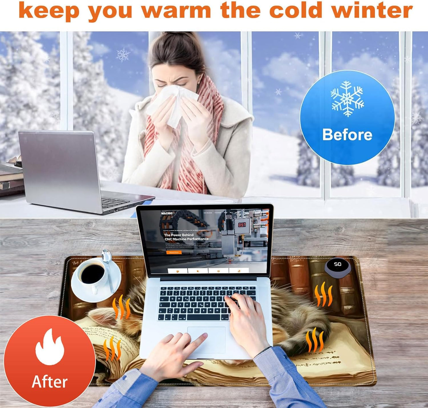 Heated Mouse Pad for Desk 31.5" x 13" – PU Leather Warm Desk Pad with 3 Heat Levels (104°F/113°F/122°F), Plug-in Electric Heating Mat with Auto Shut-Off, Waterproof & Rollable, Kitten on Book