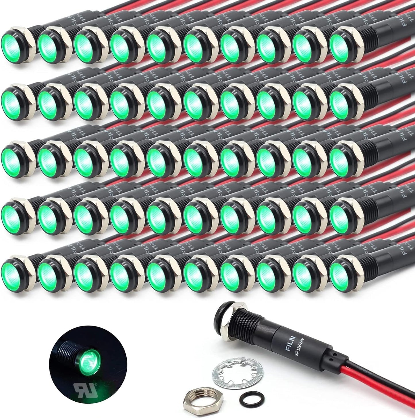 50Pcs 8MM (5/16") Indicator Light 12V 24V Metal Pilot Lamp Lights Aluminum Black Anodized Waterproof ip67 Signal Lamp(12V-24V Black Anodized-Green)