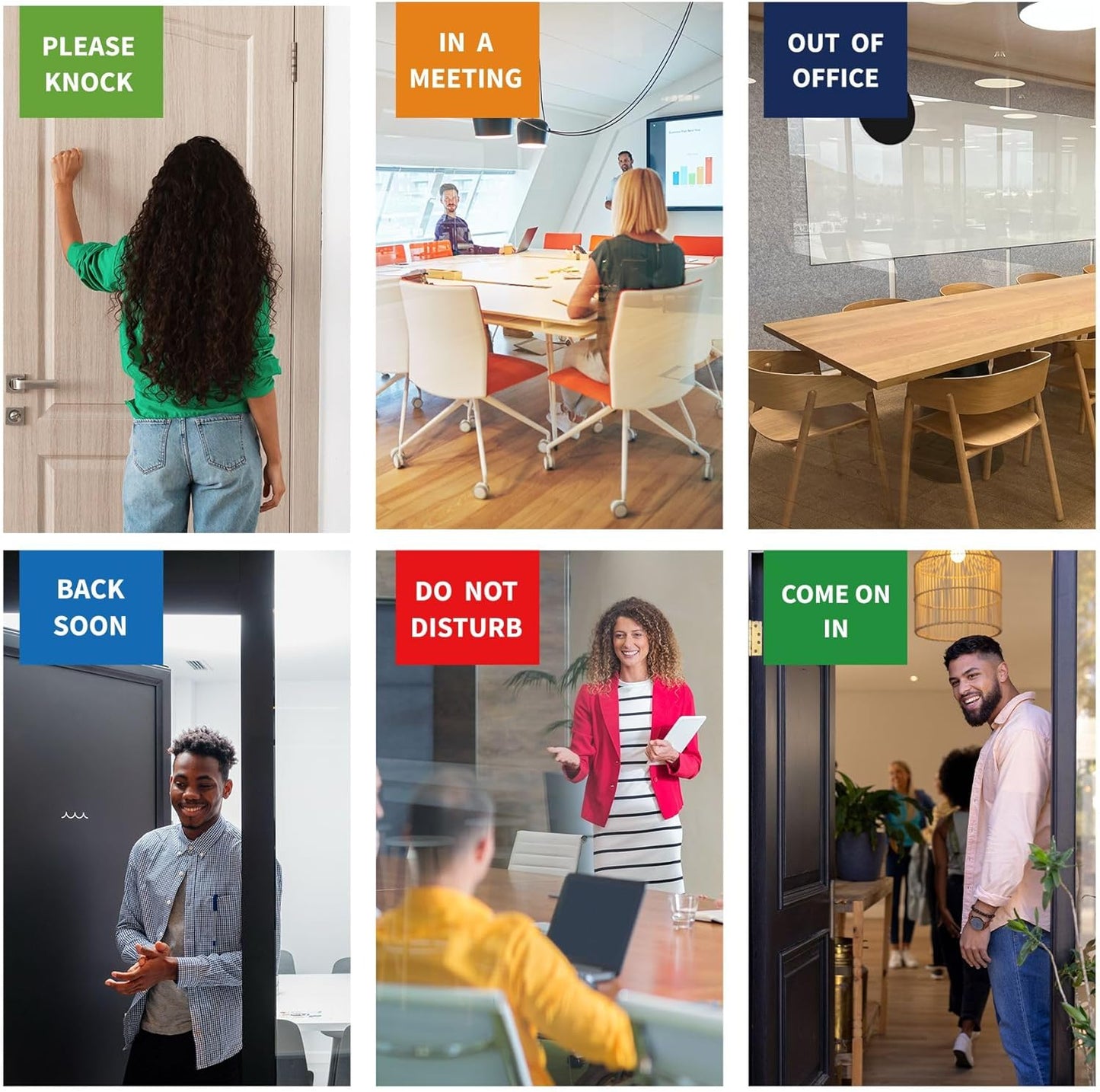 Office Door Signs- 6 Options Out Of Office Sign for Door,Do Not Disturb, In A Meeting,Please Knock, Come On In,Back Soon, Privacy Slider Sign for Meeting & Conference Room Frosted Silver