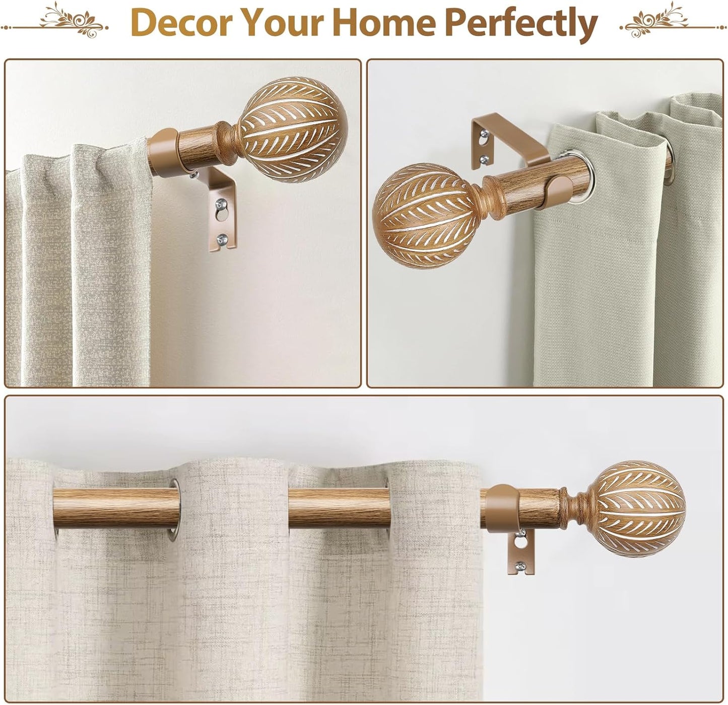 KAMANINA Wood Curtain Rods for Windows 66 to 120 Inch(5.5-10ft), 1 Inch Adjustable Drapery Rod, Decorative Heavy Duty Curtain Rods with Leaf Pattern Finials, Wood Grain