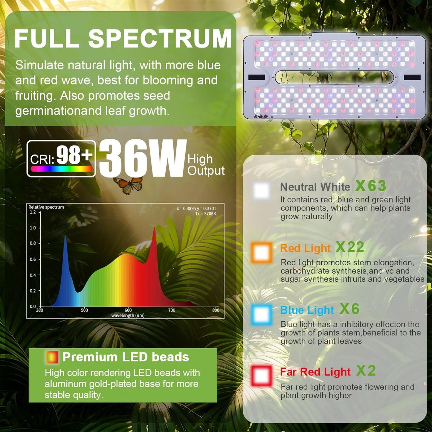 22" x 10" Grow Lights for Indoor Plants and Vegetables, Full Spectrum LED Growing Lamp for Indoor Garden Greenhouse - Features Two Smart Light Mode, 12~23H Timer - 1 Pack (1 Pack Black)