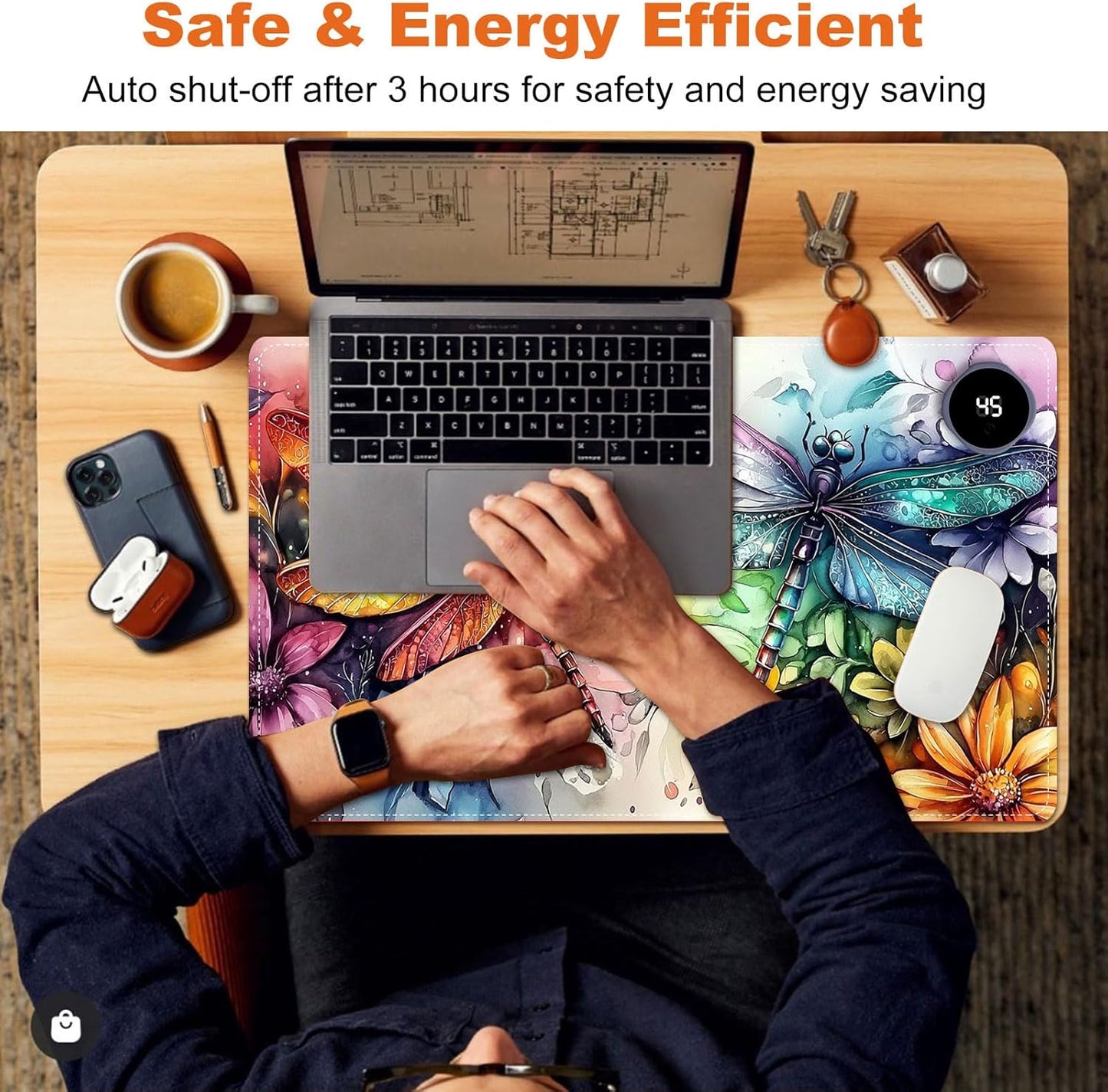 Small Heated Desk Pad 23.6" x 14.2" – Compact Electric Mouse Pad with 3 Heating Levels, Auto Shut-Off, Waterproof PU Surface, Plug-in Warmer for Office or Home Use, Colorful Dragonflies
