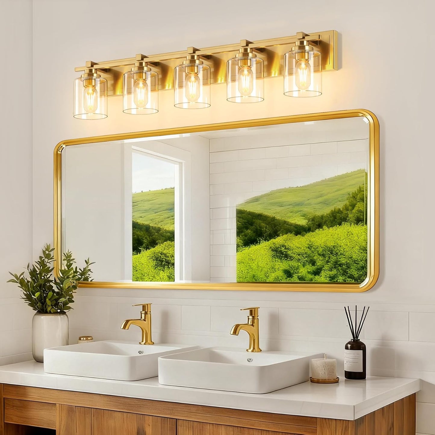 5 Light Modern Bathroom Light Fixtures Over Mirror, Brass Finish Vanity Lights for Bathroom Wall Sconces with Clear Glass Shades, E26 Socket (Bulbs Not Included)