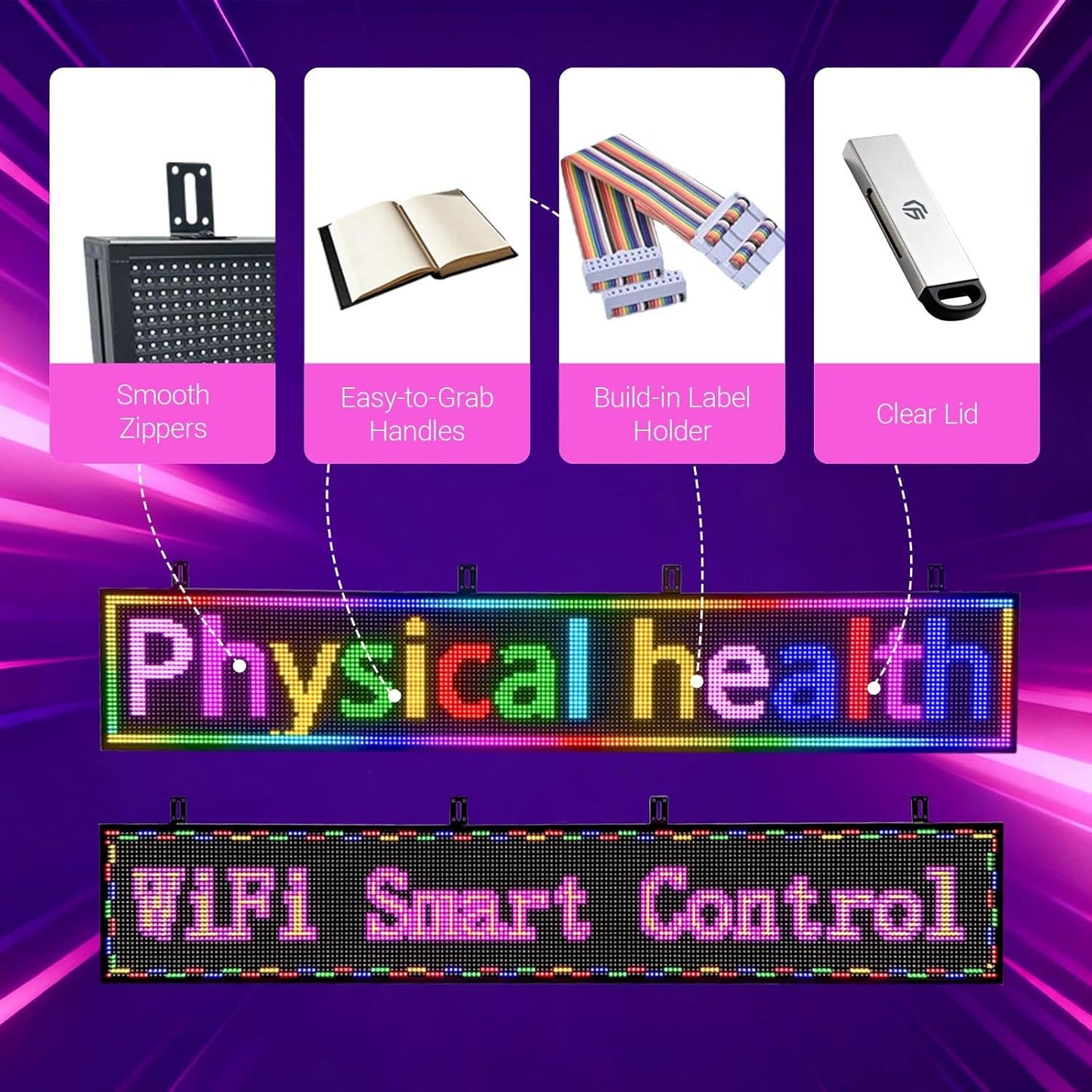 Programmable Led Sign with Full Color Display - Energy Saving and Waterproof Led Message Board for Schools, Shops and Cafes, Supports wifi Connection,77"x14"