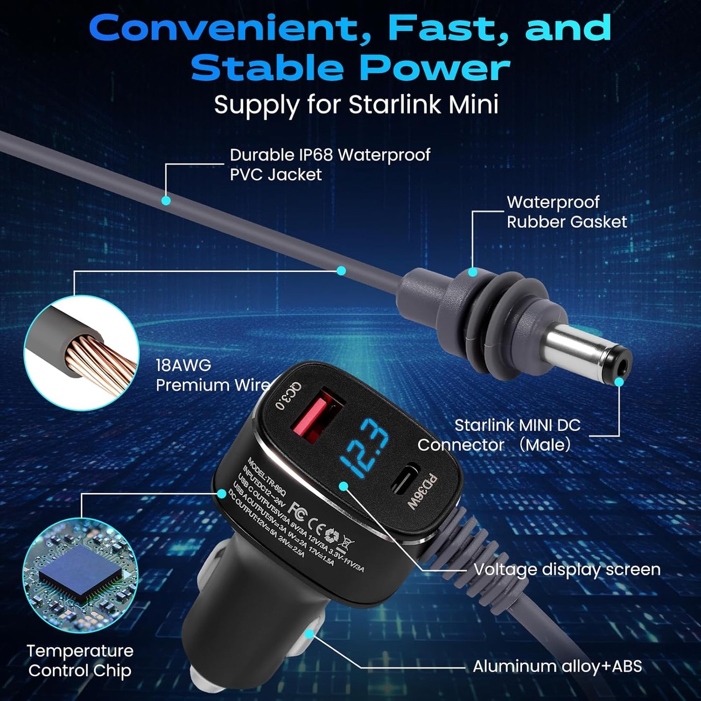Starlink Mini Car Charger Cable, 3-in-1 Cigarette Lighter Power Adapter with Digital Display, USB C PD 36W & USB A QC 18W Ports, 12V-24V Waterproof 18AWG DC Cable for Trucks, Cars, RVs, Boats (10FT)