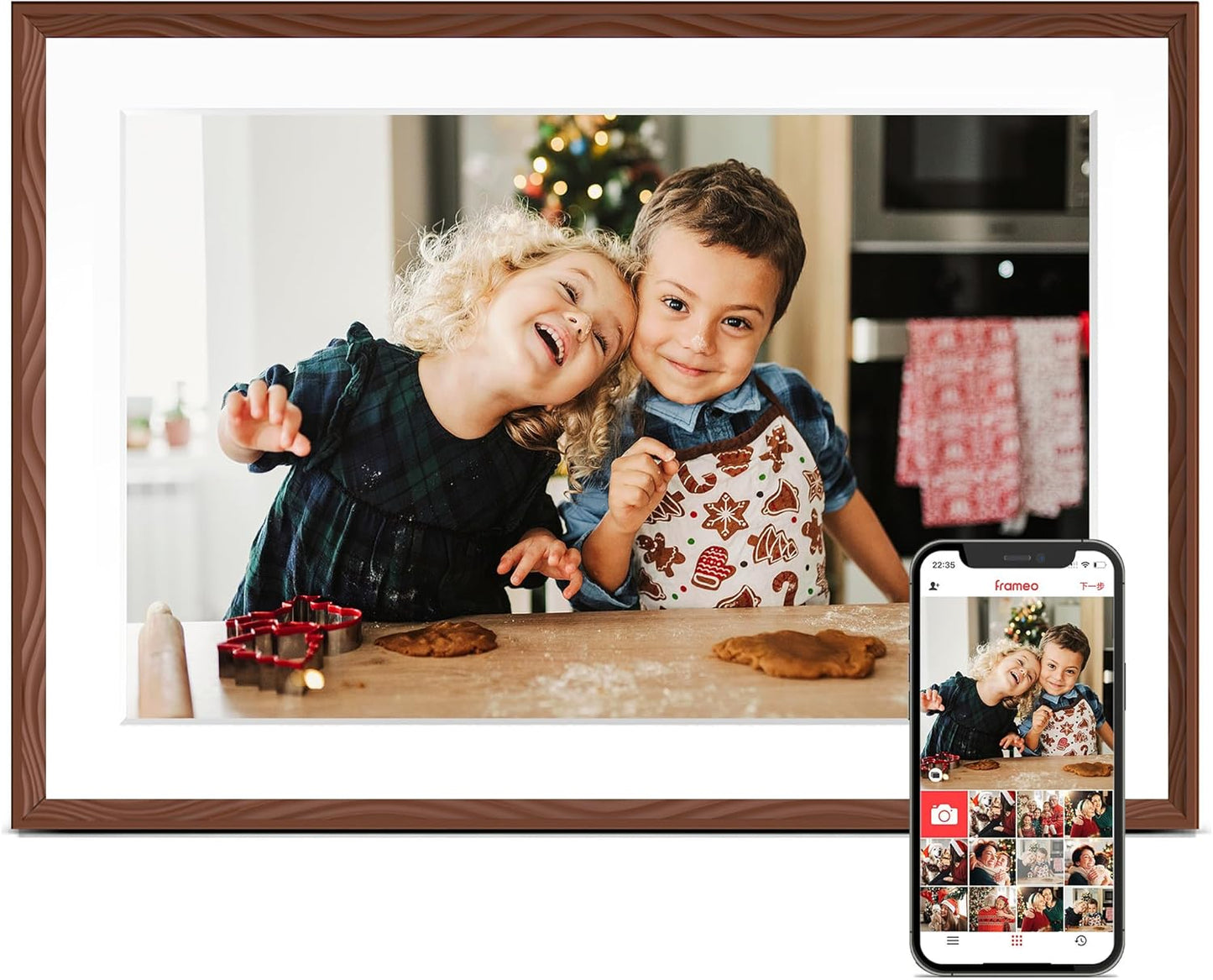 Digital Picture Frame, 10.1'' Frameo Digital Frame Wifi, 32GB Memory, 1280*800 HD Touch Screen Digital Photo Frame, Wall Mountable, Share Instantly, Birthday Gifts for Women, Mom Gift, Chocolate Brown