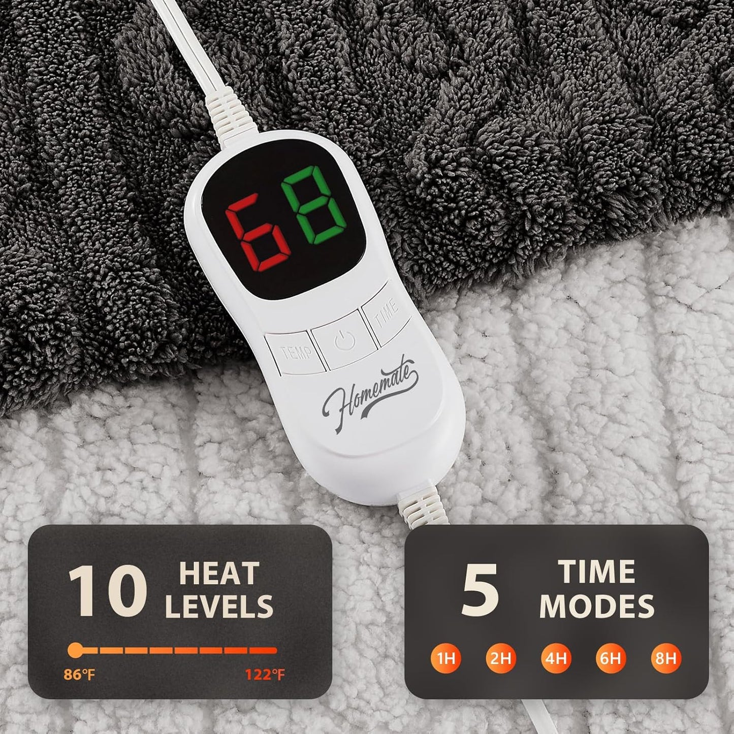 Homemate Electric Heated Blanket Full - 72"x84" Heating Bed Blankets Throw with 10 Heating Levels 8 Hours Auto Off Fast Heating Over-Heated Protection Ultra Soft Warm Flannel ETL Certified