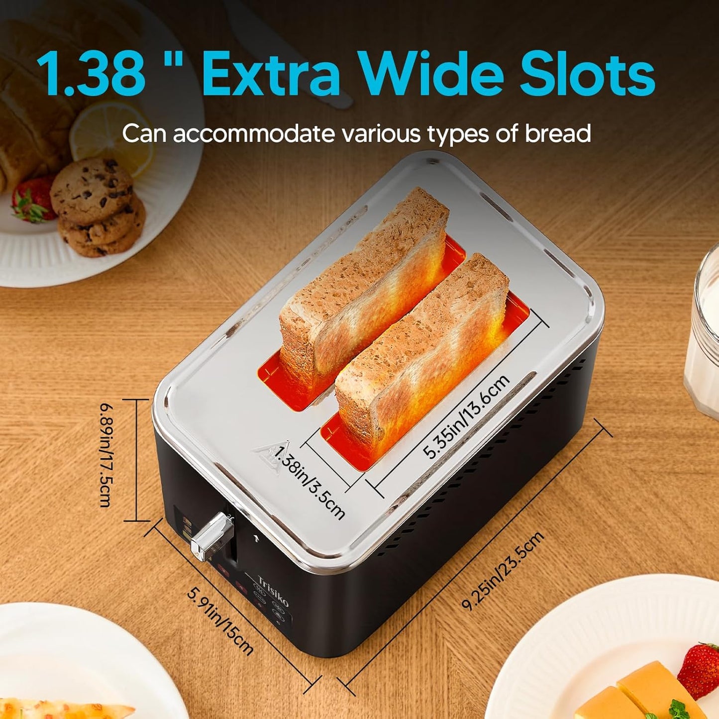 Trisiko® Touch Screen Toaster 2 Slice,Smart Toaster with Digital Timer, 1.38" Extra-Wide Slots for Bread& Bagel,with Reheat, Defrost, Cancel, +15s Boost, Great for Home, Office, Dorm (Black)