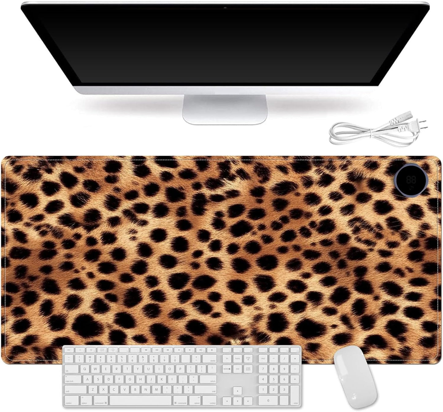 Heated Mouse Pad for Desk 31.5" x 13" – PU Leather Warm Desk Pad with 3 Heat Levels (104°F/113°F/122°F), Plug-in Electric Heating Mat with Auto Shut-Off, Waterproof & Rollable, Leopard Print