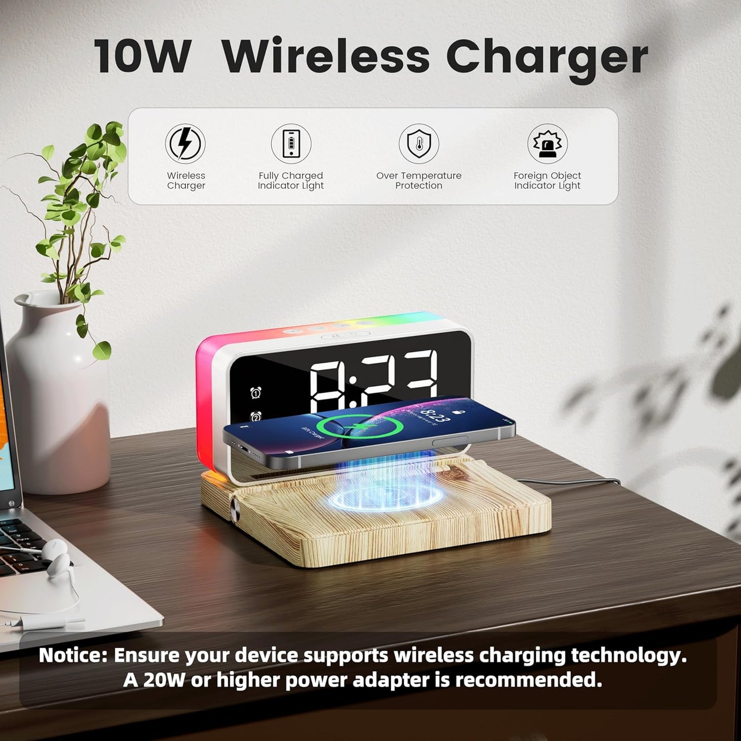 Alarm Clocks for Bedrooms with Wireless Charger Station, Bluetooth Speaker, Woodgrain, White Noise Sound Machines, RGB Night Lights, Ideal Gift for Adult Man Women Teen Girls Boys