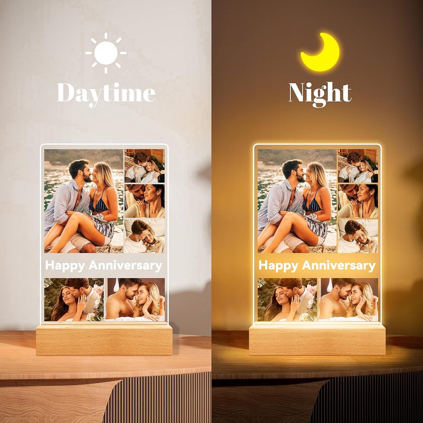 Custom Picture Frames with Photo, Customized Picture Frame with Night Light, Personalized Photo Frame, Personalized Anniversary Birthday Valentines Day Gifts for Women Men Her Him Couple