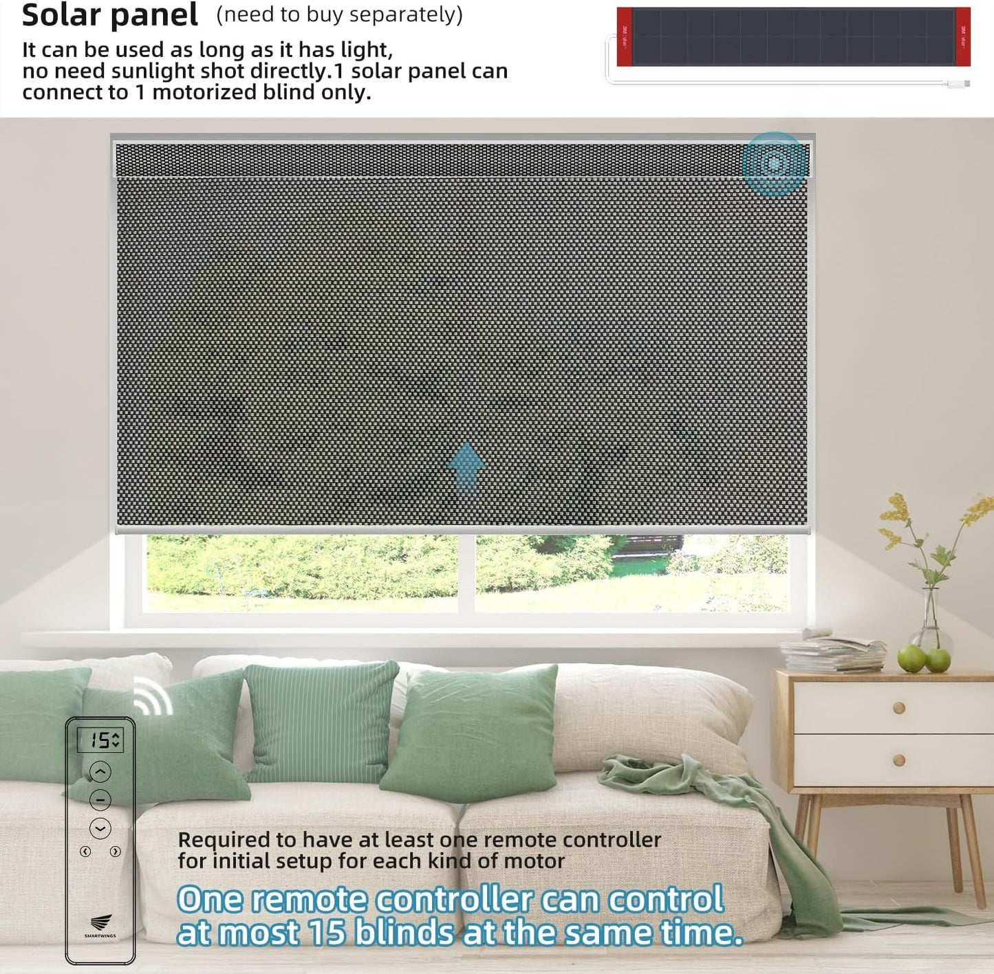 SmartWings Motorized Roller Shades 5% Openness Work with Homekit, Alexa SmartThings Google, Zigbee Motor Smart Blinds for Windows, Cordless Remote Control Window Shades, Customized, Charcoal Grey