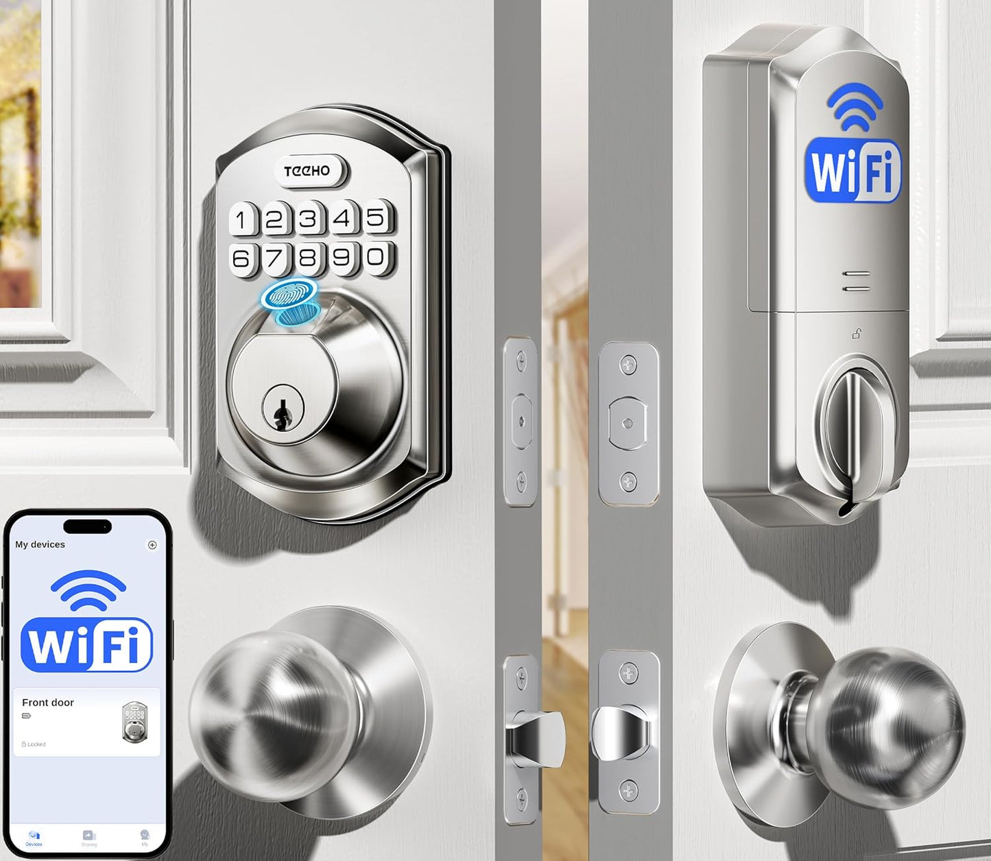 TEEHO TE012W-K WiFi Smart Keyless Entry Door Lock with Handle, Fingerprint Door Knob & Digital Keypad, APP Remote Control, Works with Alexa & Google, Electronic Deadbolt for Front Door, Satin Nickel