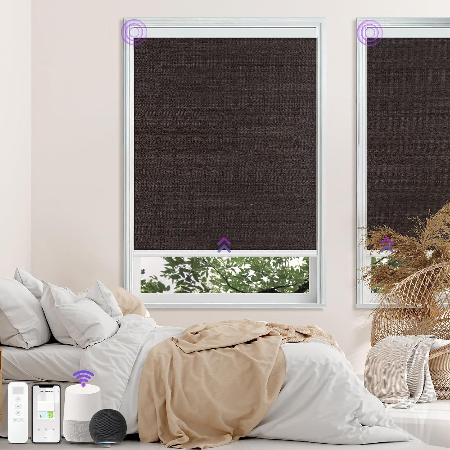 Astomi Motorized Roller Shades for Windows, Blackout Automatic Blinds with Remote, Smart Blinds, Voice Control, Compatible with Alexa, Google, Custom Size (Woven Brown)