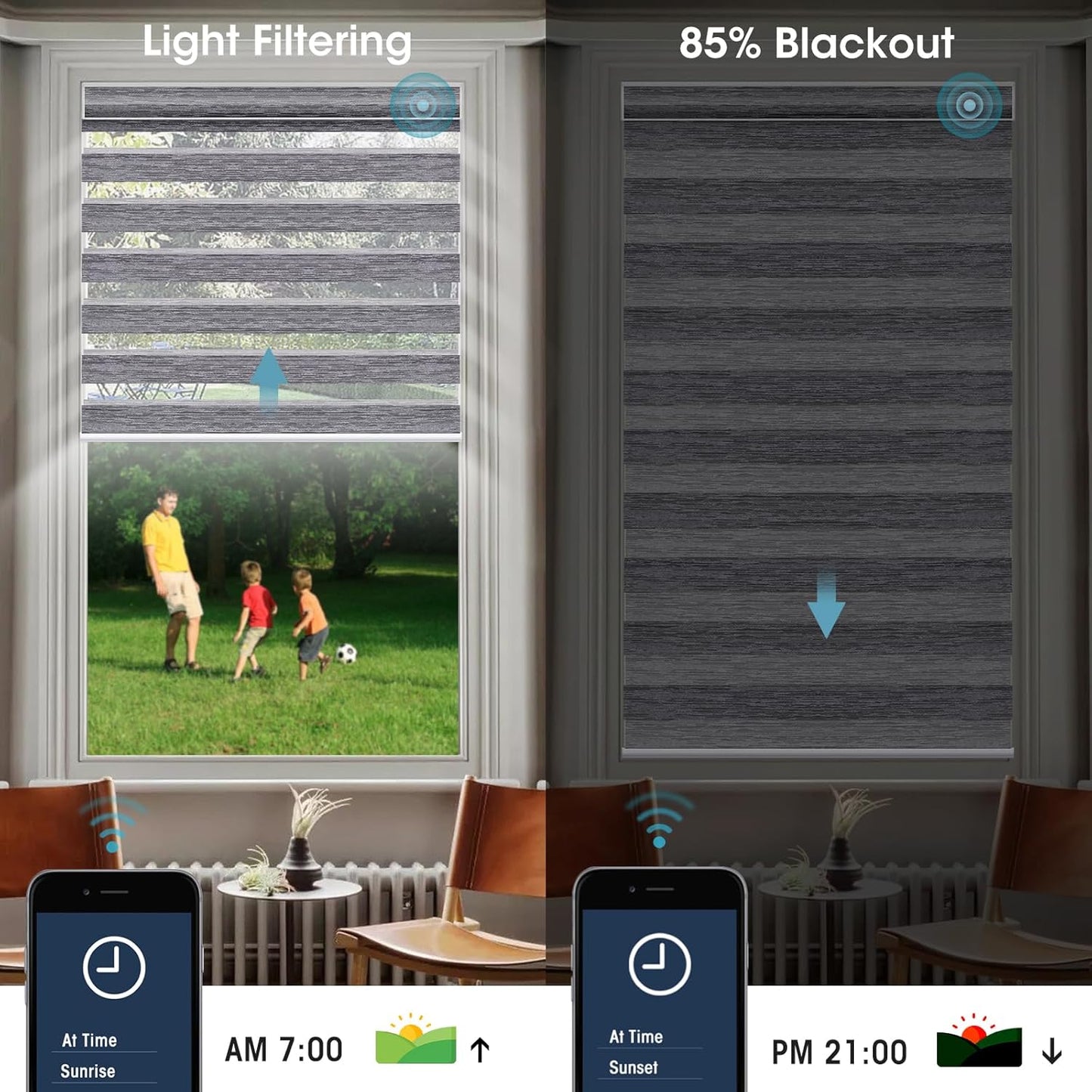 SmartWings Motorized Zebra Shades - Compatible with HomeKit, Alexa, SmartThings, Google - Remote Control Light Filtering Sheer Shades, 85% Blackout, for Smart Home/Office, Grey, Customized