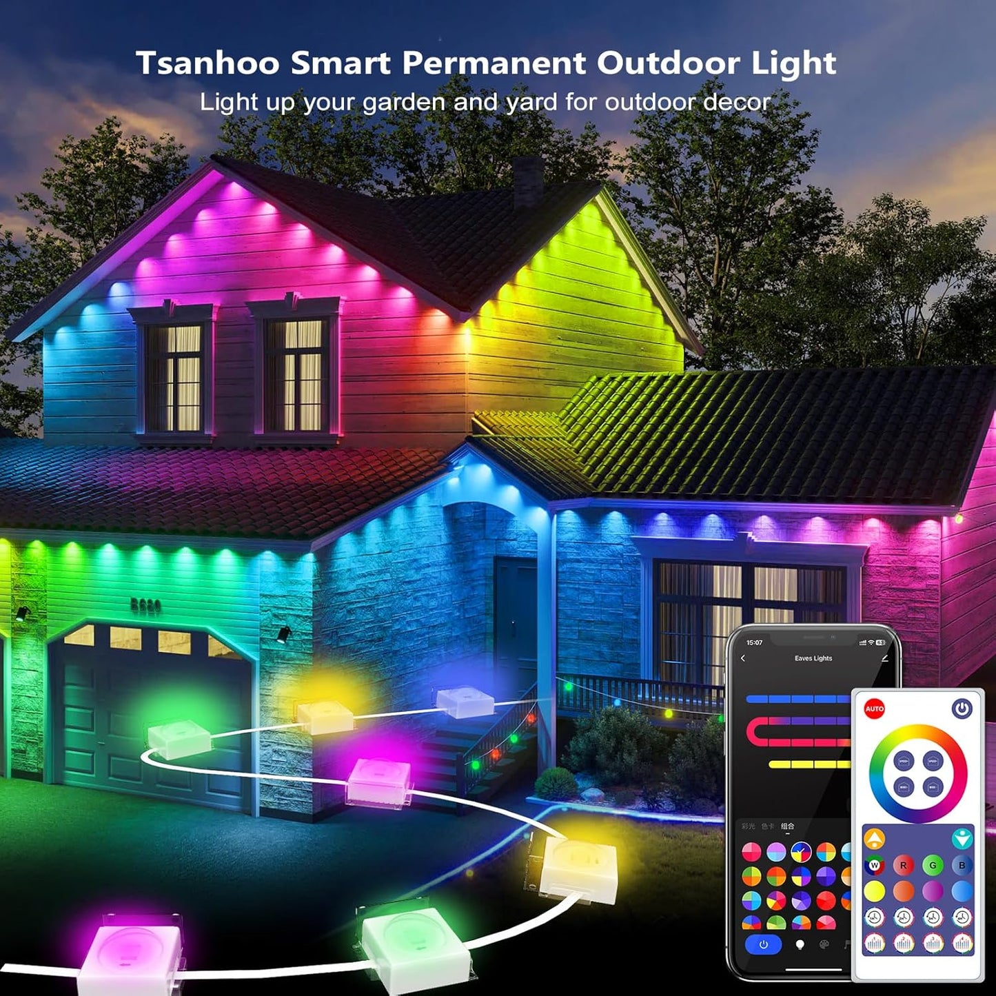 Smart Permanent Outdoor Lights, 100ft Smart Eave Lights with 72 LED Bulbs IP67 Waterproof DIY Multicolor for Daily, Festival, Party, Garden, House Decor, Work with APP/Alexa/Google Assistant