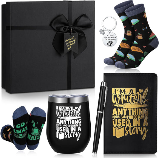 6 Pcs Writer Gifts for Men Women Future Author's Gift 12 oz Stainless Steel Cup Socks Keychain Pen Notebook Box for Novelist Screenwriter Poet Christmas Reading Writing Book Gifts