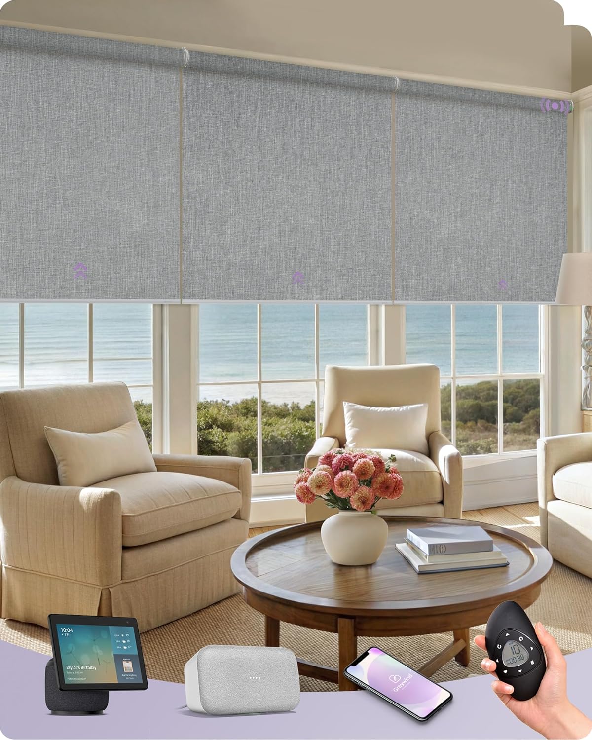 Graywind Smart Coupled Roller Shades Compatible with Alexa Google Custom Size Extra Large Motorized Blinds for Windows(Cloudy Grey)
