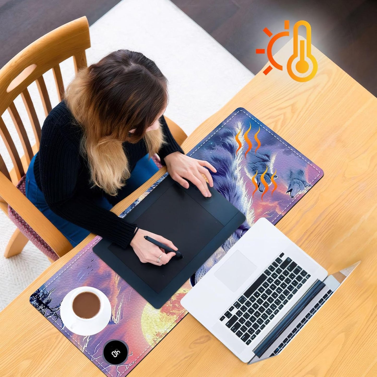 Heated Mouse Pad, Warm Desk Pad, Keyboard Mat 31.5 x 13 Inch Large Size Intelligent Fast Heating, 3 Speed Adjustable, Timed Auto Power Off for Game Office Home,Wolf Howling Under The Moon