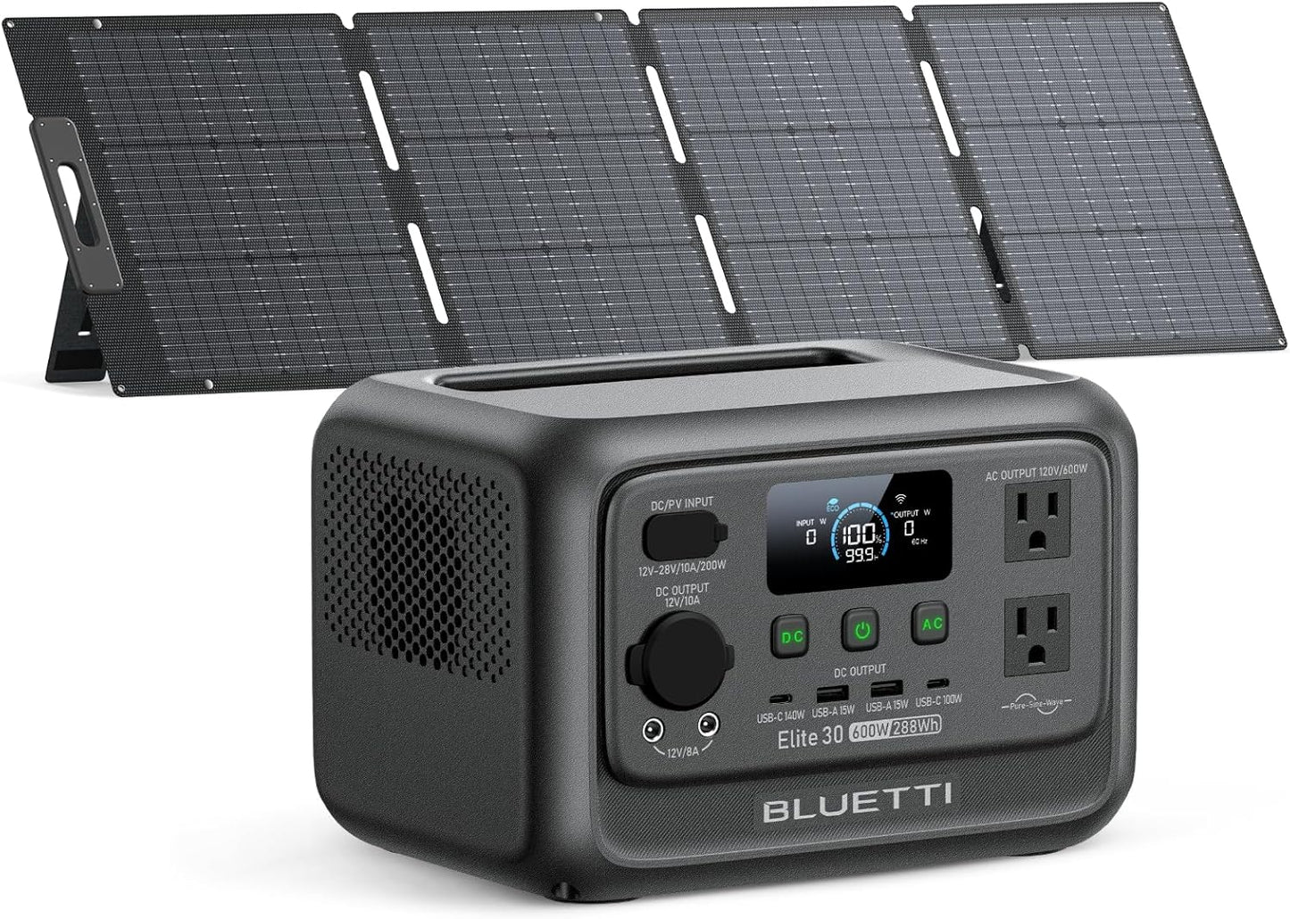 BLUETTI Elite 30 V2 Solar Generator with 200W Solar Panel (Ships Separately), 288Wh Portable Power Station, 600W AC Outlets (1500W Power Lifting), LFP Battery Backup for Camping, Home, Emergency