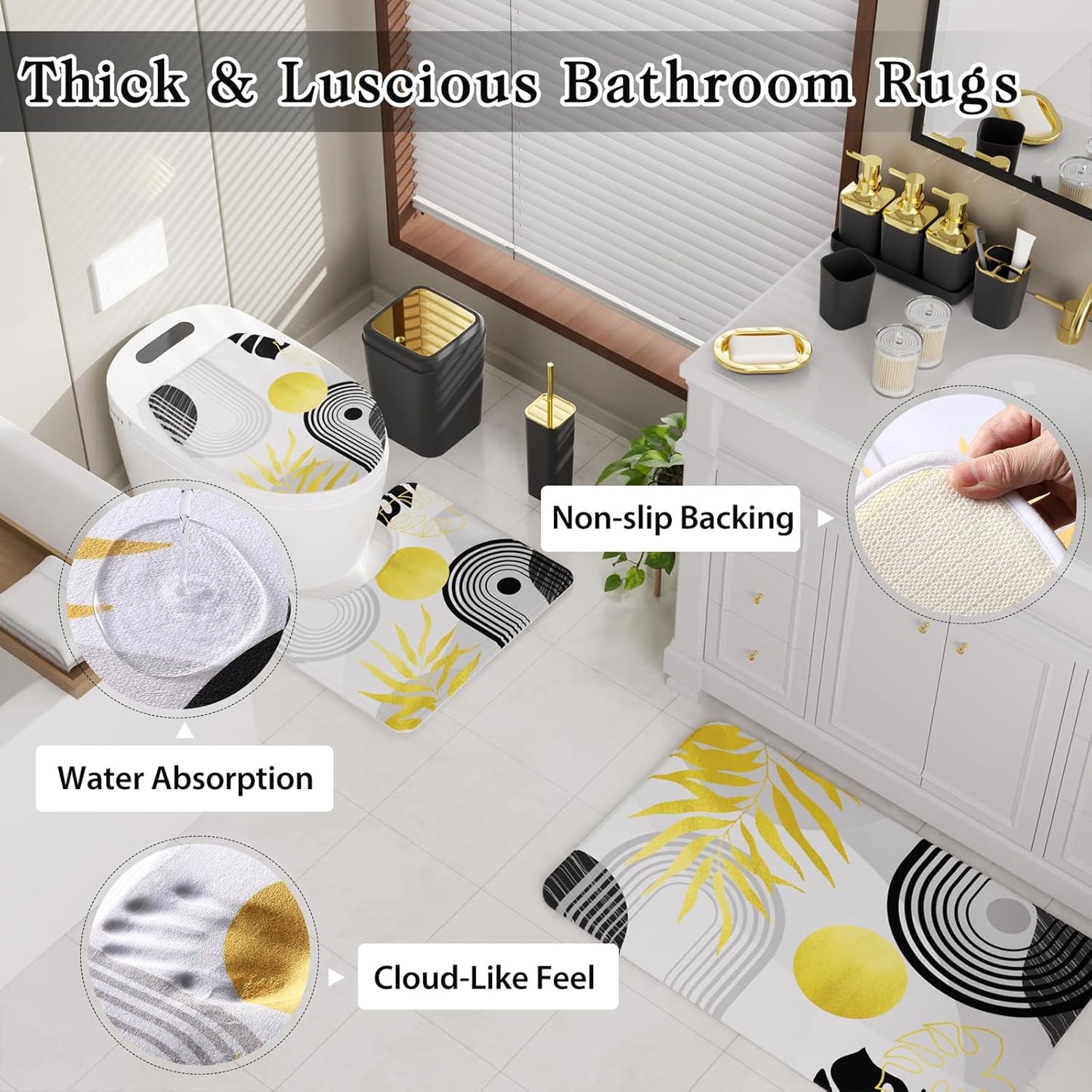 Bathroom Set - Bathroom Sets with Shower Curtain and Rugs, Bathroom Accessory Set, Black Bathroom Accessories Set with Trash Can, Toilet Brush and Soap Dispensers