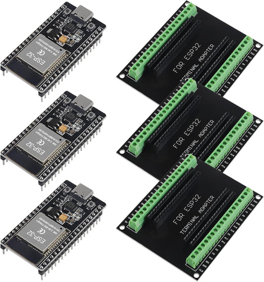 3 Set ESP32 Development Board Type C 38Pin Narrow Version WiFi + Bluetooth Microcontroller ESP-32 ESP-32S Board ESP-WROOM-32 with ESP32 Breakout Board GPIO 1 into 2 Terminal Screw Board