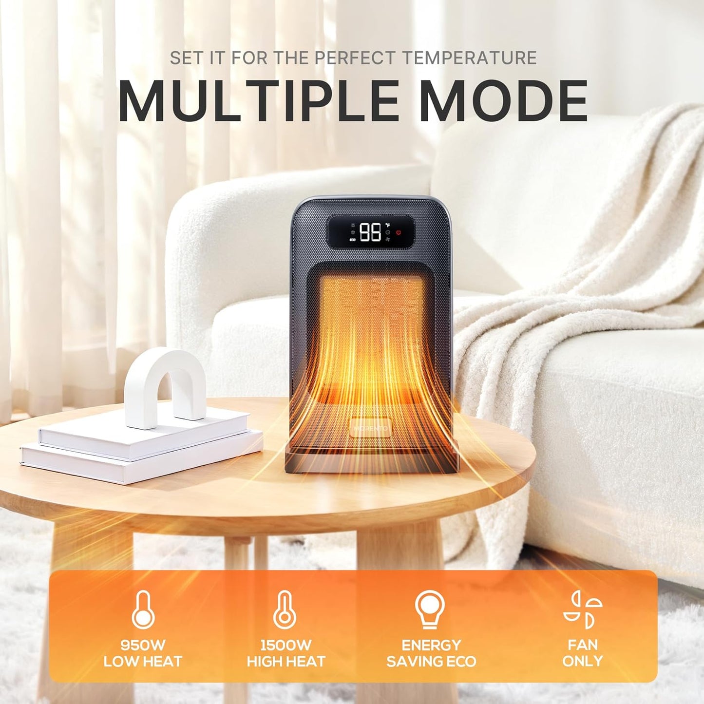 MORENTO Space Heater, Portable Space Heaters for indoor Use, Auto Temperature Control, LED Display Electric Heater, ECO Mode & 0-12H Timer, Quiet Heaters for Office, Bedroom, Home (Black, 1 Pack)