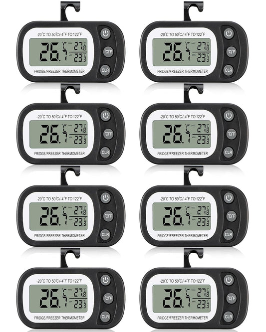 Frienda 8 Pack Black Digital Fridge Thermometer Waterproof Refrigerator and Freezer Room Max/min Record Function LCD Screen Refrigerator Thermometer with Hook and Magnetic Back for Home