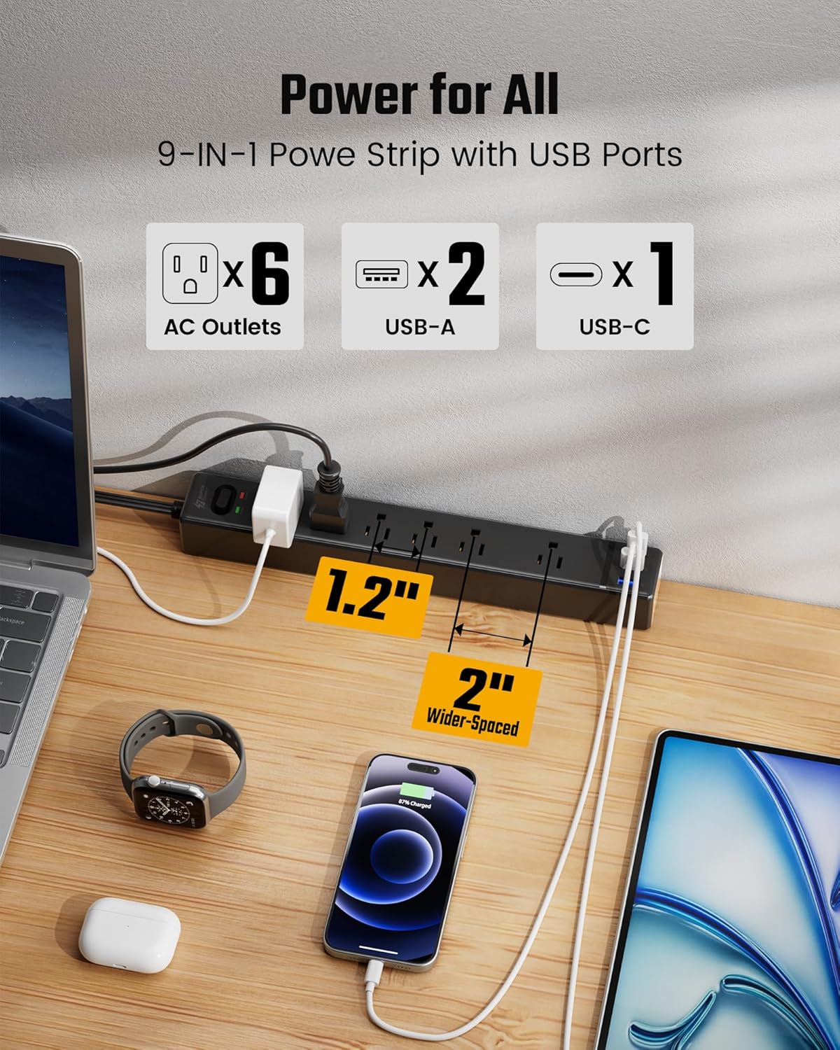 20Ft Long Extension Cord, SUPERDANNY Flat Plug Surge Protector Power Strip 20 Feet, 6 Outlets & 3 USB Ports, Wall Mountable Power Bar for Home Office, Dorm Room
