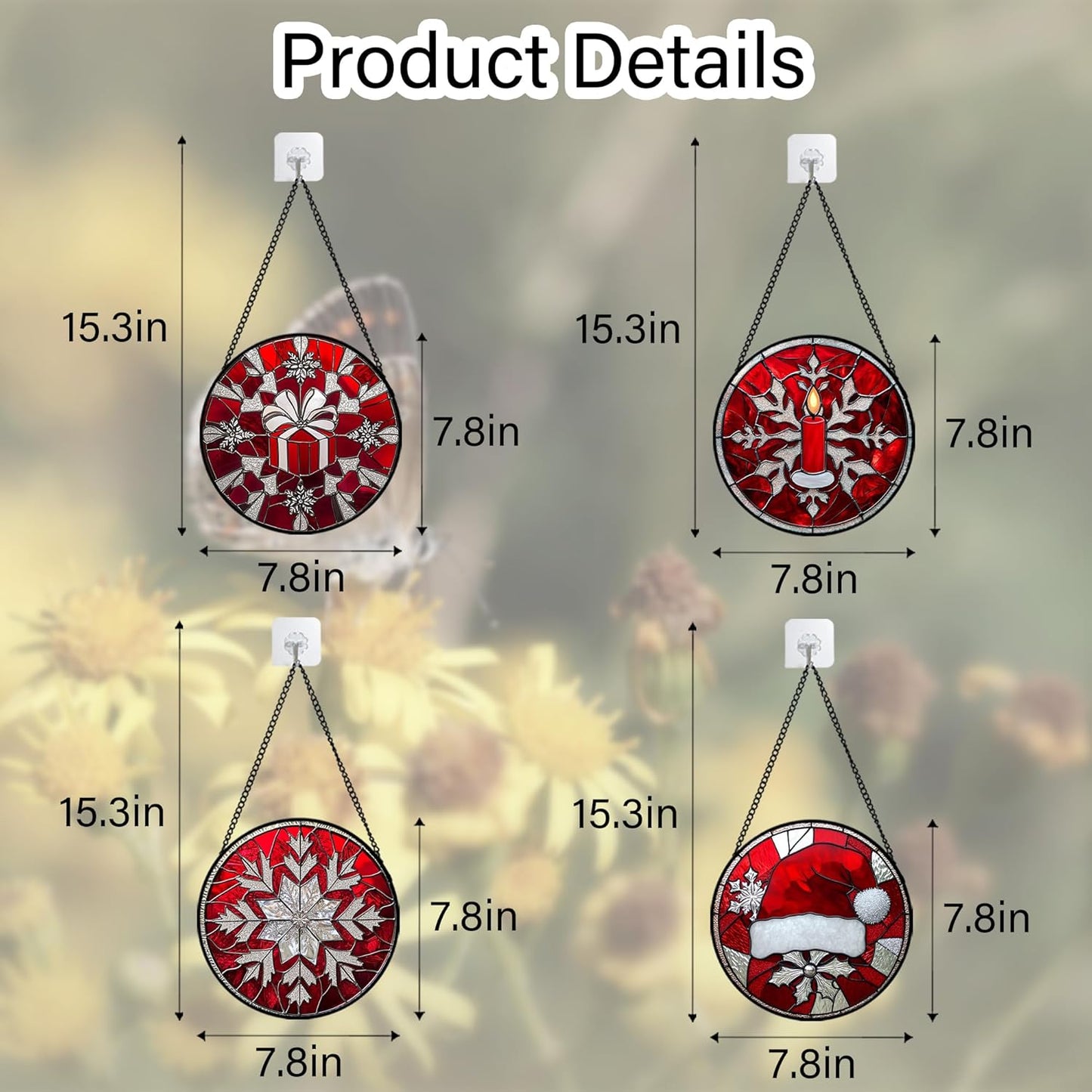 Stained Glass Window Hanging 4 Pcs Set Red Christmas Decorations Theme 7.8" - Suncatcher Door Garden Sun Catcher Decor Birthday for Mom Woman Nana Men Friend Wife
