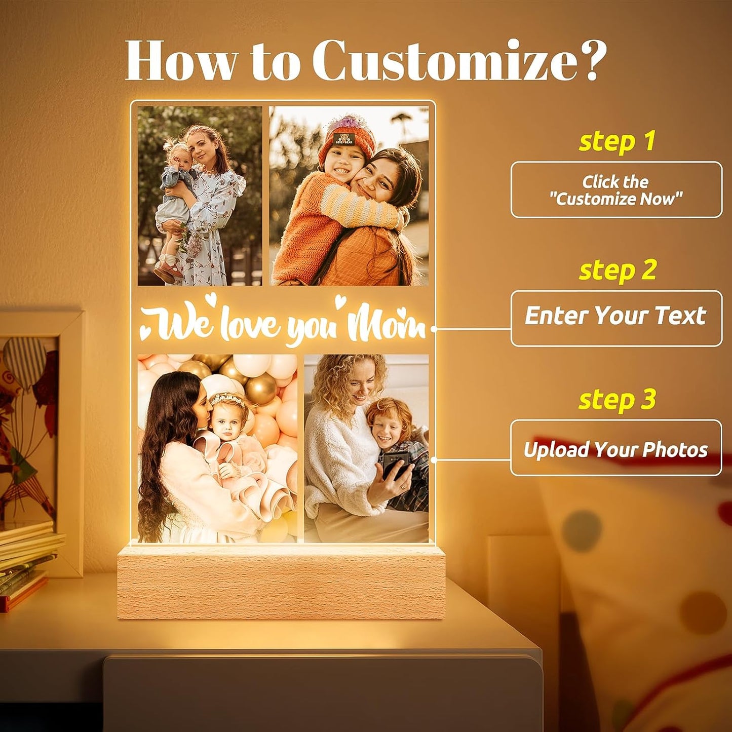 Personalized Picture Frame with Night Light, Custom Photo Frame with Photos, Customized Gifts for Mom Girls Boys, Personalized Birthday Gifts for Mom, Kids, Baby, Family