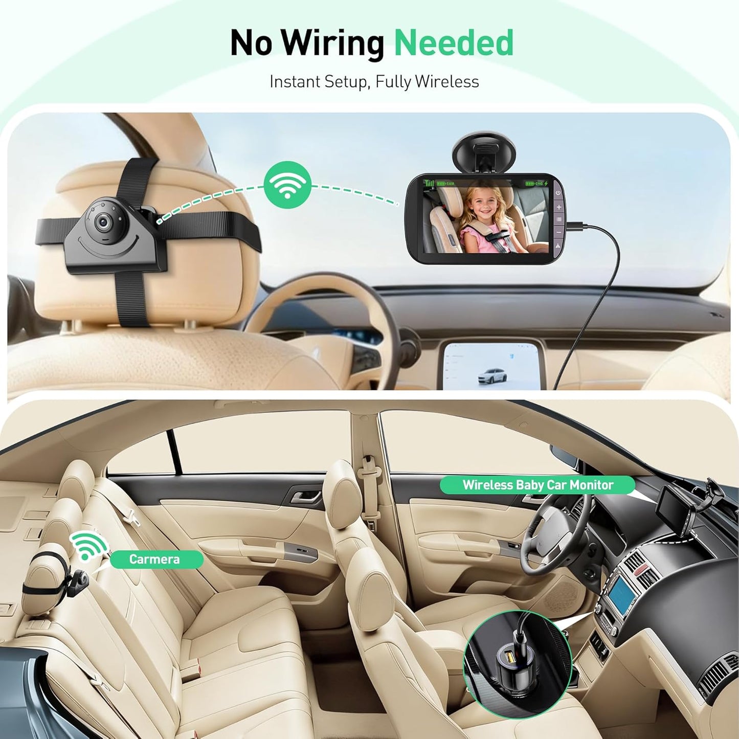 Wireless Baby Car Camera Monitor – 4.3 Inch Display with Rear Facing Car Seat Cameras, 1080P HD Night Vision IR-Cut, USB & Battery Powered Plug and Play Backseat Baby Monitor for Infant Toddler Safety