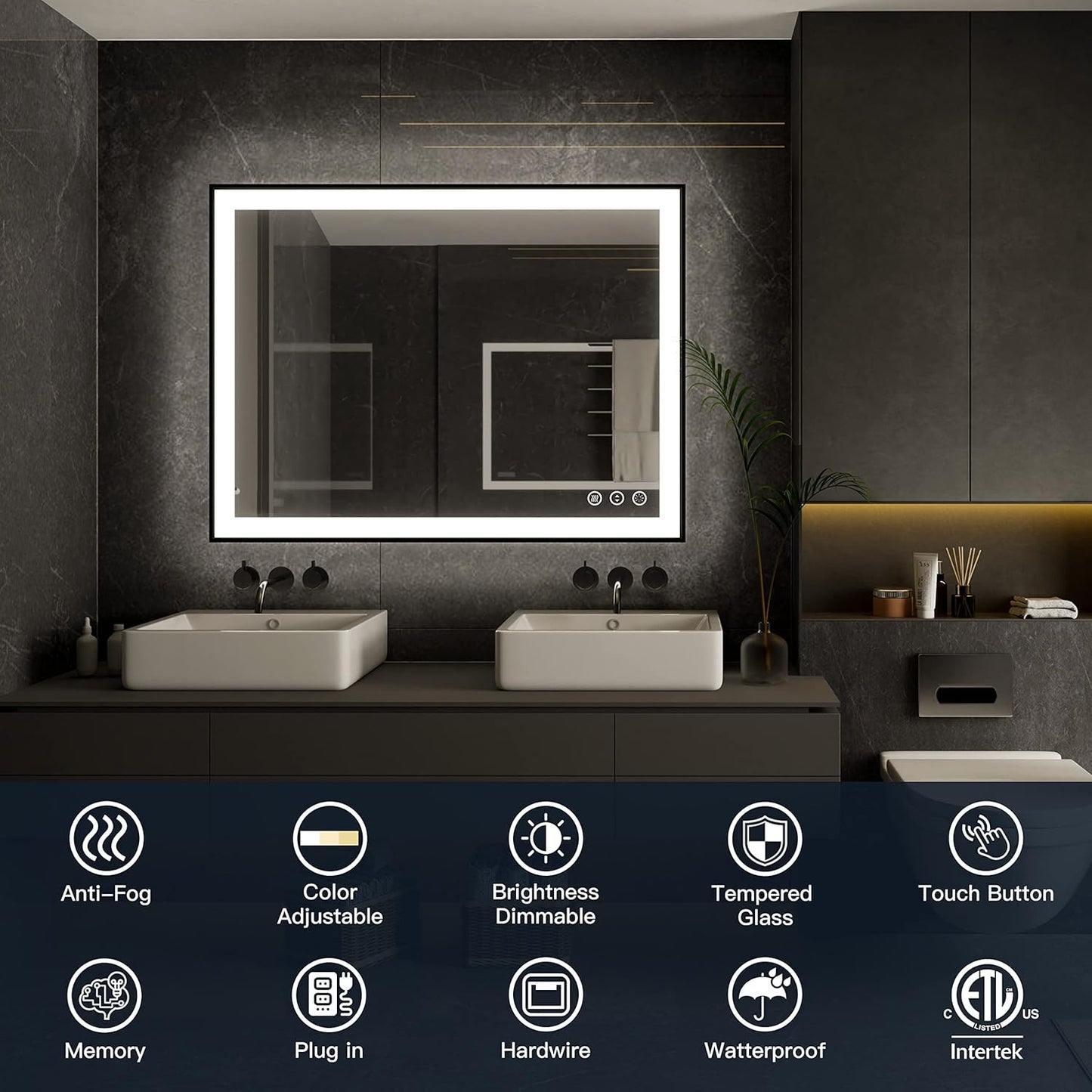 ISKM Framed LED Mirror for Bathroom 48"x30", Dimmable LED Bathroom Mirror with Lights, Anti-Fog, Front and Backlit Lighted Mirror 3-Colors, Shatterproof, Memory Function