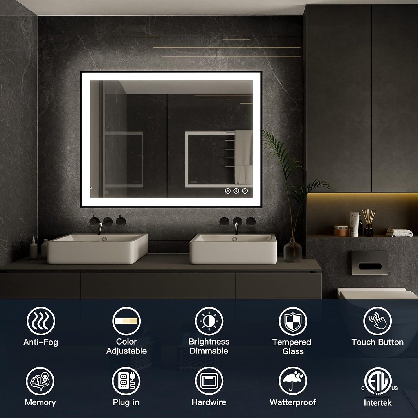 ISKM Framed LED Mirror for Bathroom 40"x32", Dimmable LED Bathroom Mirror with Lights, Anti-Fog, Front and Backlit Lighted Mirror 3-Colors, Shatterproof, Memory Function