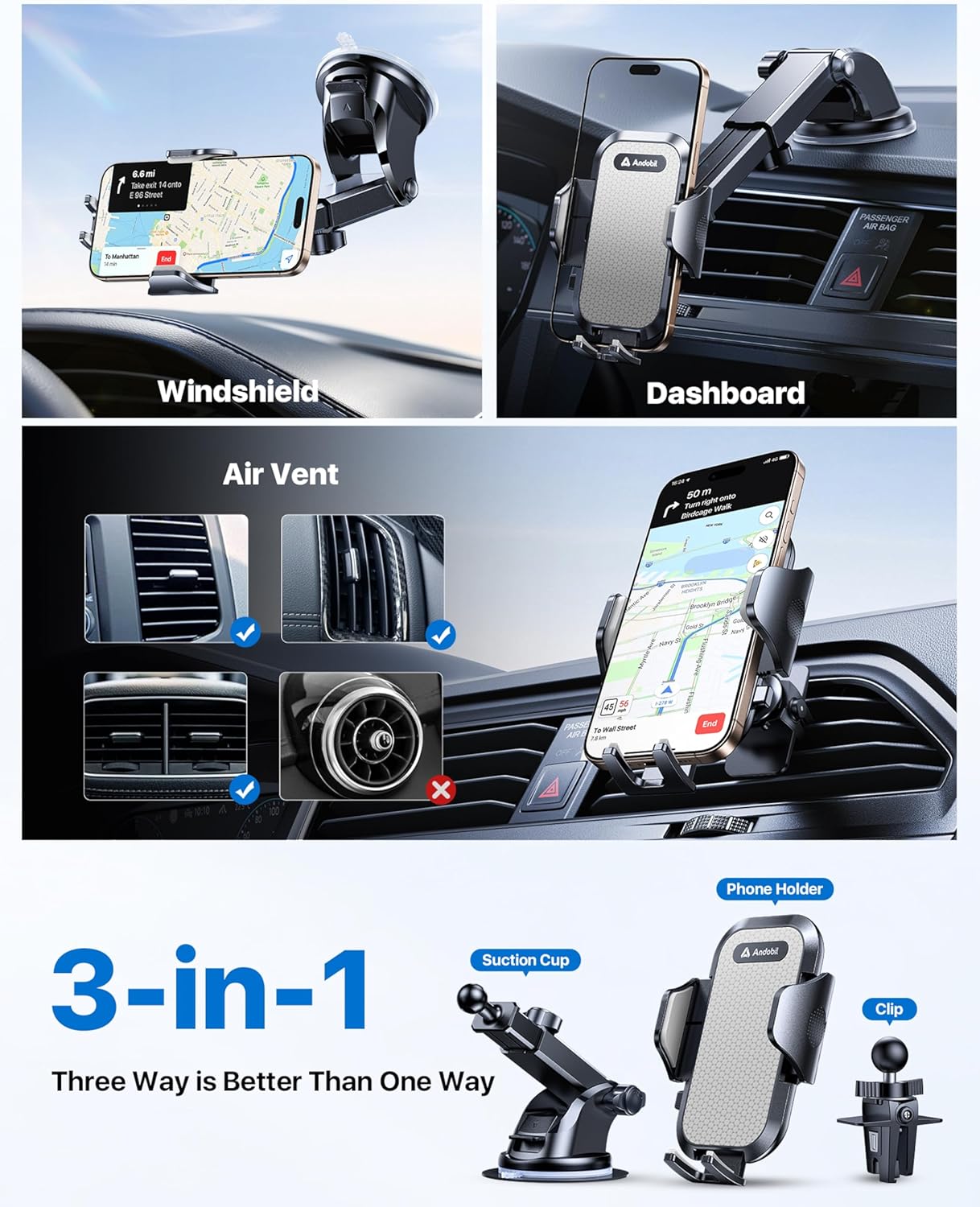 andobil Car Phone Holder, 2025 Military-Grade 89lbs Strongest Suction Phone Holders for Your Car Dashboard/Windshield/Vent Easy Clamp Cellphone Holder Truck Stand for iPhone 17 16 15 Pro Samsung Grey
