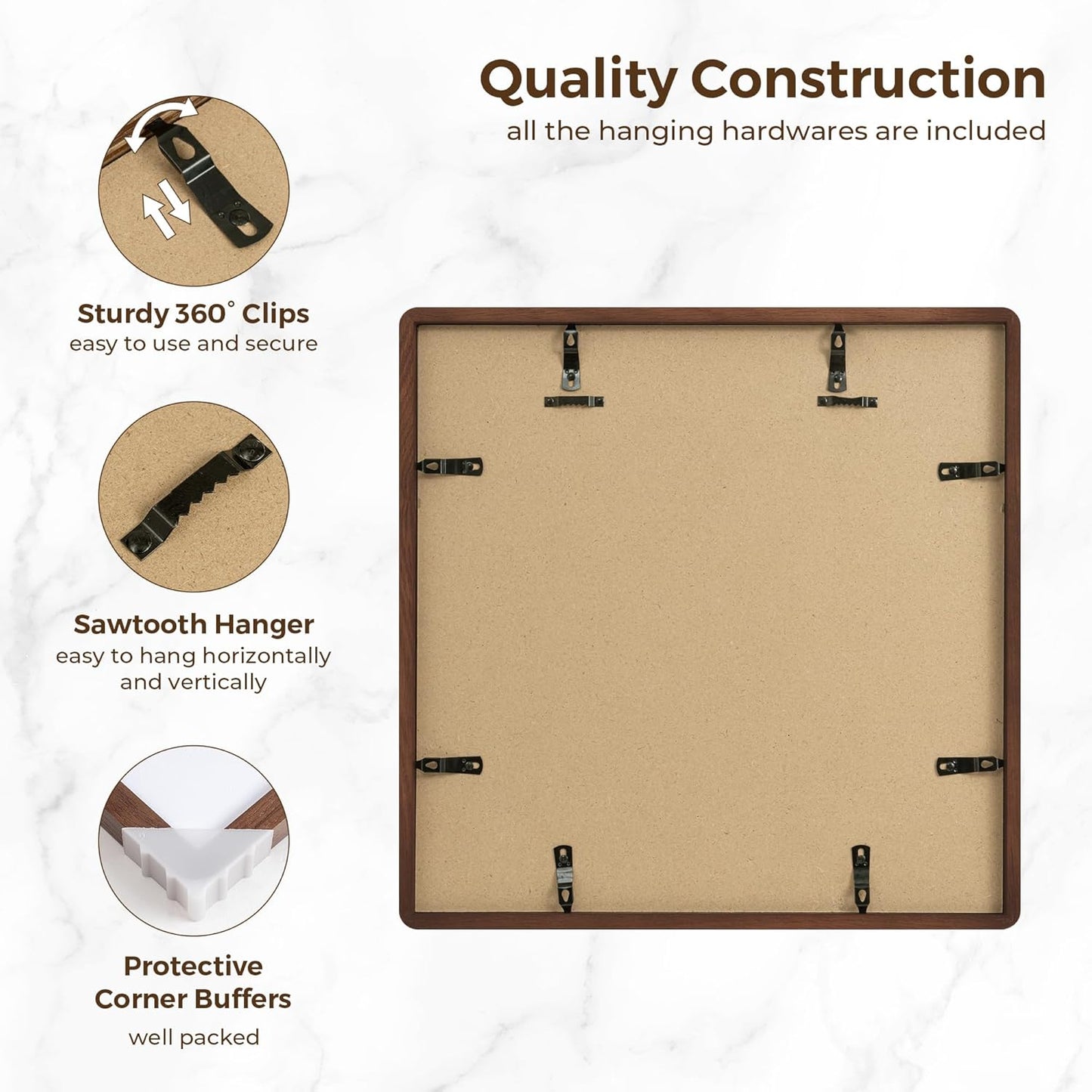 16x16 Picture Frame, Square 16 by 16 Frames for Wall - Solid Oak Wood & Tempered Glass, 16 x 16 Wood Frame Matted to 12 x 12, Square Picture Frame 16"x16" for Home Decor, Walnut Color, 1 Pack