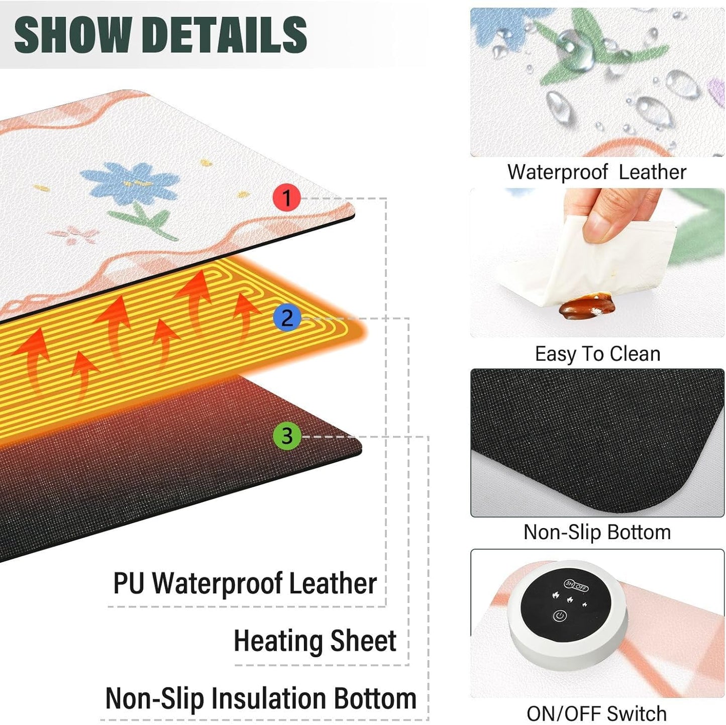 Orange Floral Plaid Heated Desk Pad Mouse Pad 31.5x13 Inch PU Leather Desk Mat with 3 Heat Levels Large Mouse Gaming Computer Laptop Mat