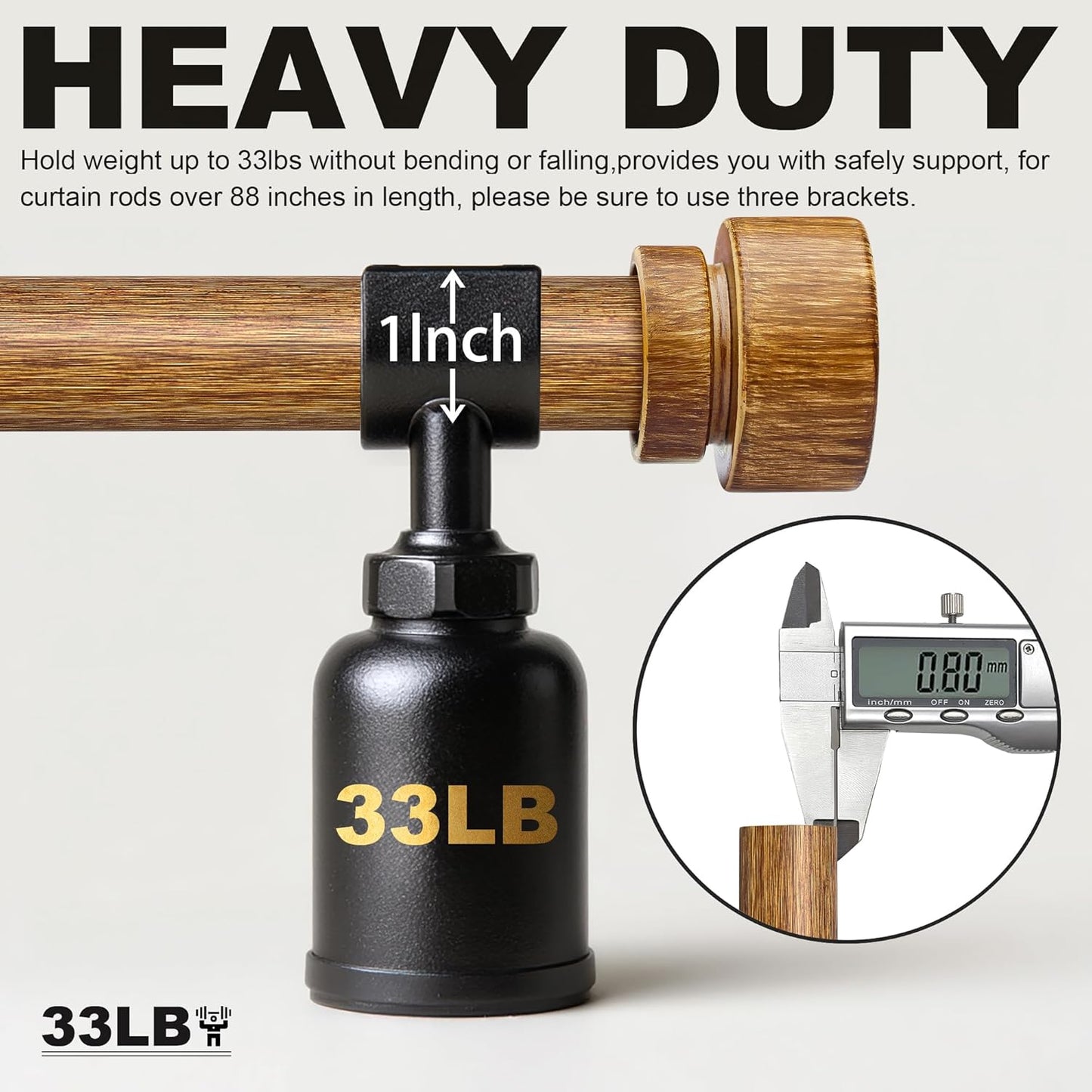 2 Pack Wood Curtain Rods for Windows 66 to 120 Inches 1" Diameter Boho Decorative Heavy Duty Window Curtain Rod Set Adjustable with Solid Imitation Wood Grain Finials for Living Room Bedroom Kitchen