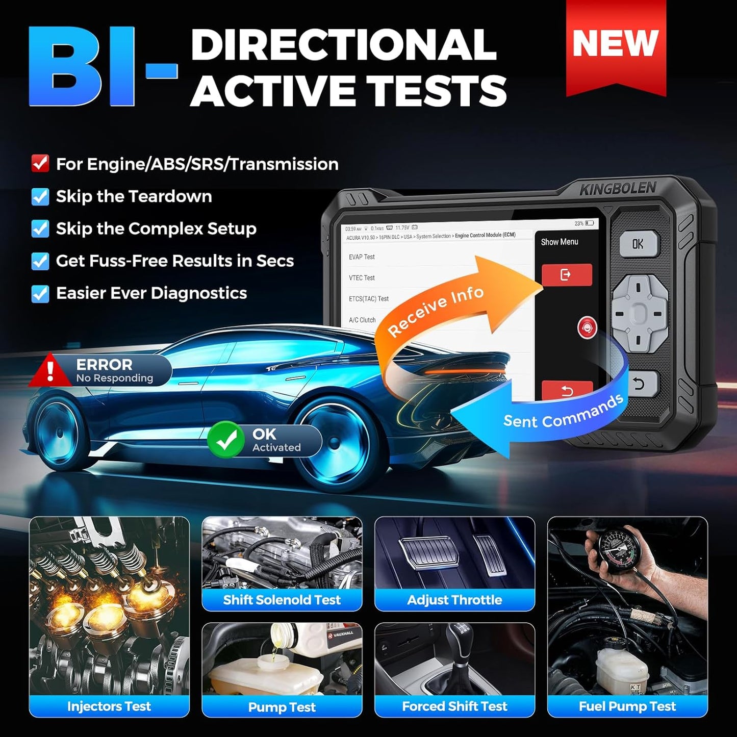 KINGBOLEN OBD2 Scanner S608, 2025 Bidirectional Scan Tool for ABS/SRS/Transmission/Enigne, 9 Reset Oil Brake DPF Bleed Gear Injector Throttle BMS SAS, CAN FD & FCA/Renault SGW, Lifetime Free Update